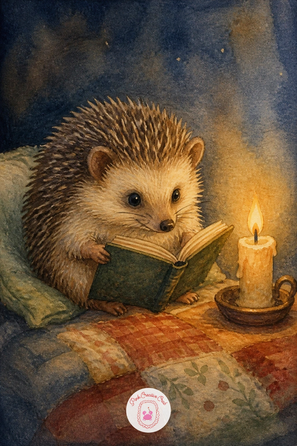Hedgehog Reading By A Candle — Settle this hedgehog down with a tiny open book and a candle beside it, a quiet little scene that rewards a bit of extra