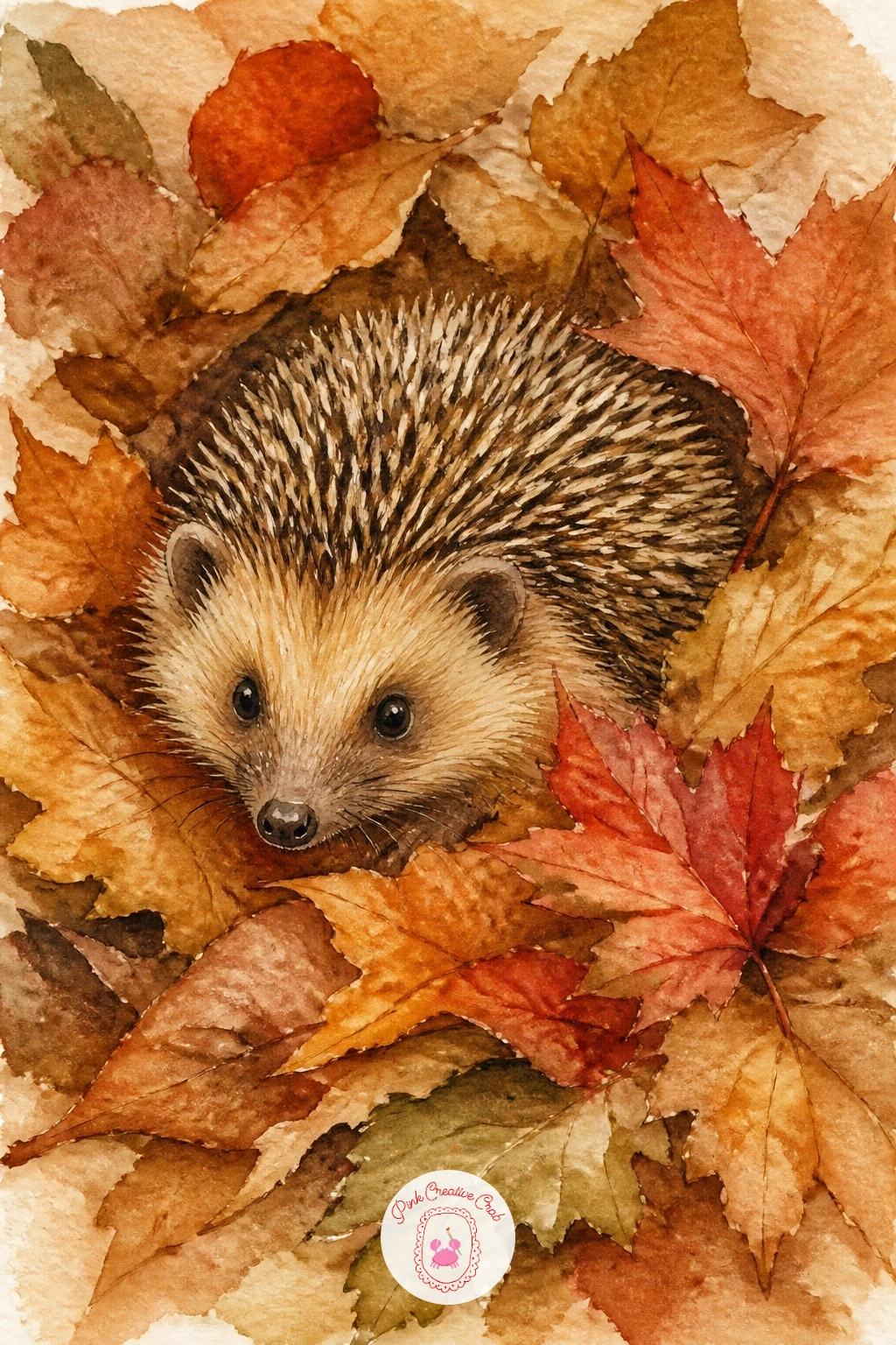 Hedgehog In Autumn Leaves — Nestle this hedgehog into a small pile of fallen leaves, the kind of scene that uses almost your whole autumn palette in one go.