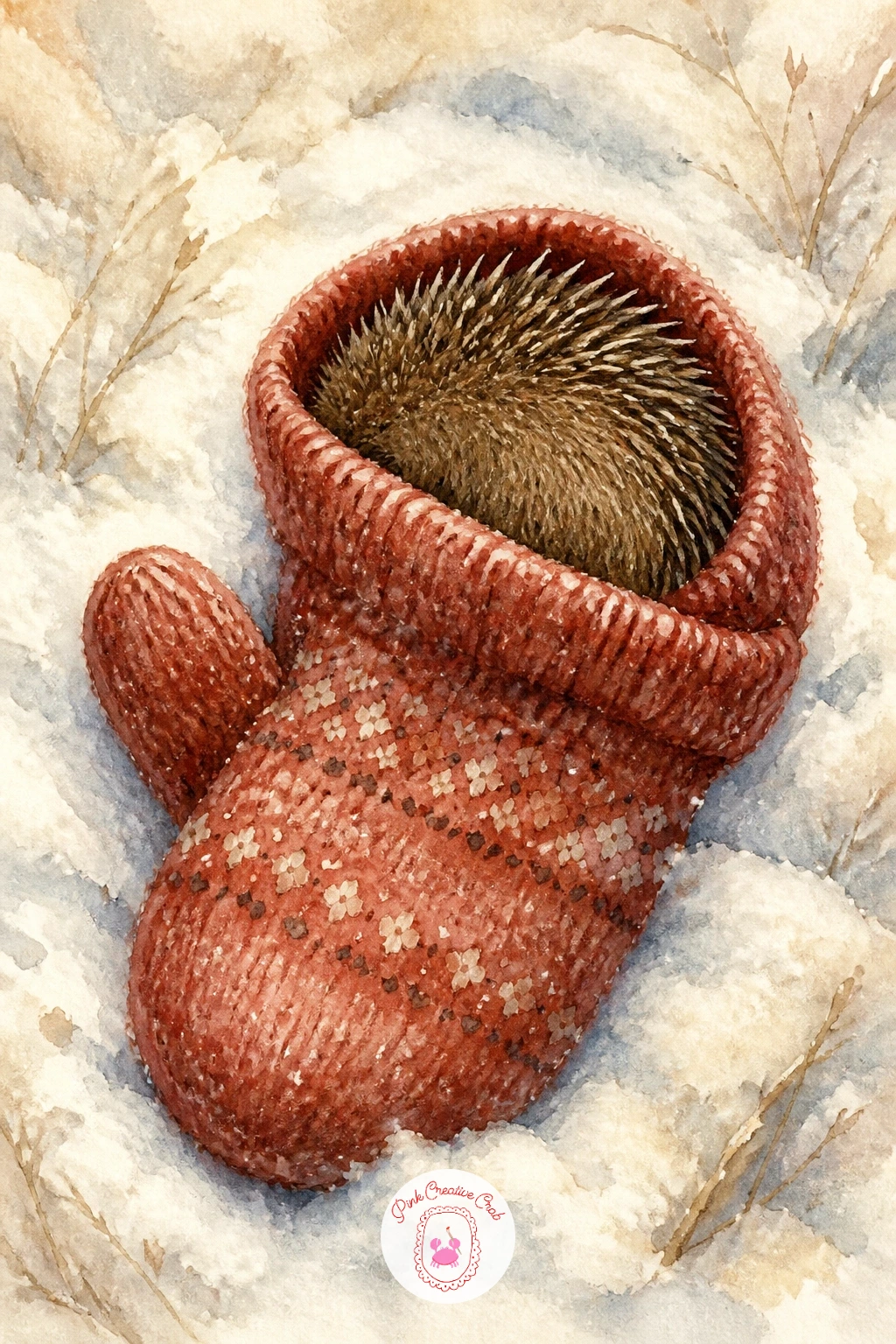 Hedgehog Sleeping In A Mitten — Curl this hedgehog up inside a dropped woolen mitten, small enough that only its round back and a few spines peek out over the