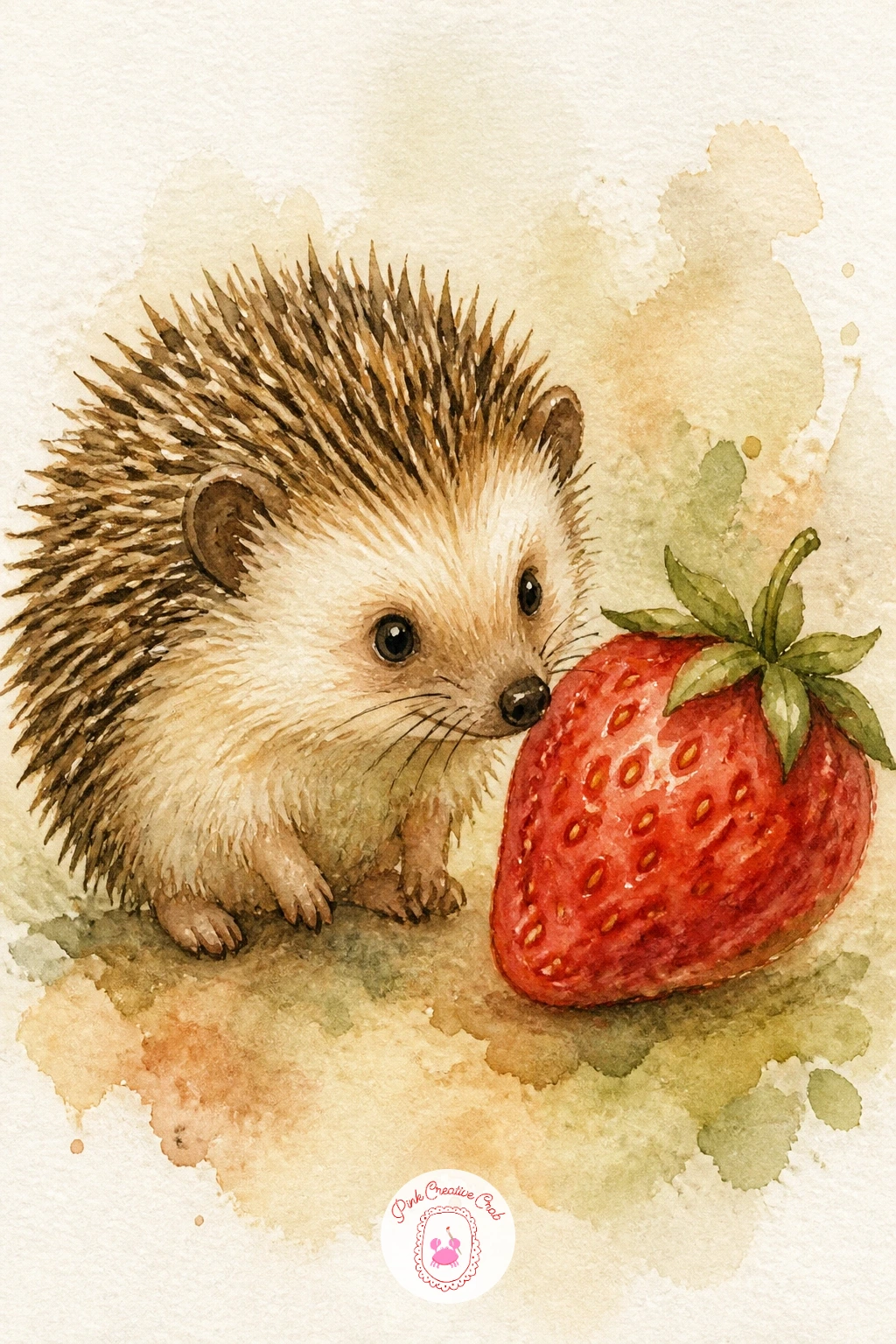 Hedgehog With A Strawberry — Pair this hedgehog with a strawberry nearly as big as its own head, a fun size joke that is easy to paint once you have the