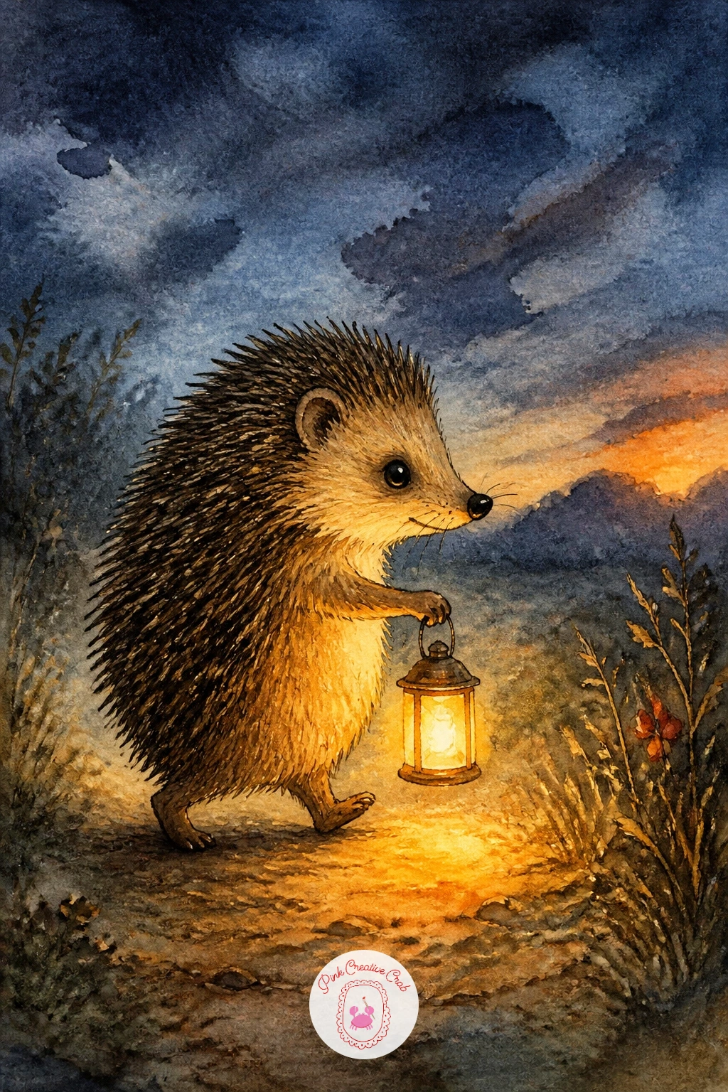 Hedgehog With A Lantern — Send this hedgehog out walking at dusk with a tiny lantern held in its paws, a scene built entirely around one warm glow. Watercolor