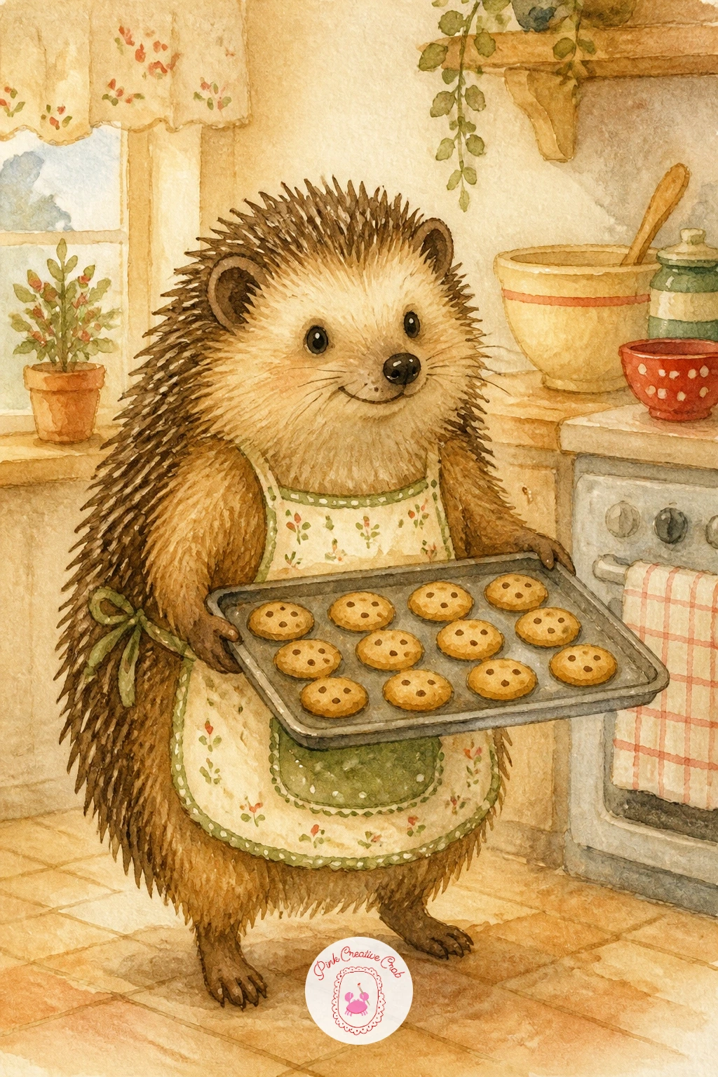 Hedgehog Baking Cookies — Give this hedgehog an apron and a tray of tiny cookies, a playful scene that leans into the storybook charm of the whole theme.