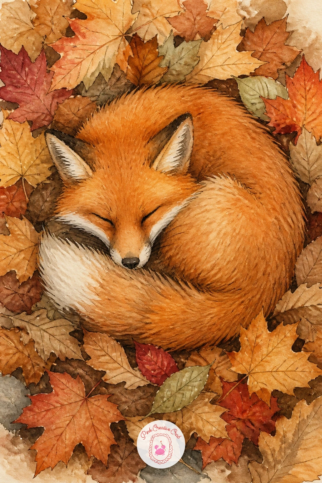 Fox Curled In Fallen Leaves — Move into the wider wood with a fox curled nose to tail among fallen leaves, echoing the hedgehog scenes but in brighter orange