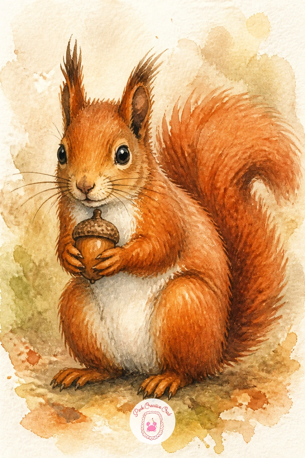 Red Squirrel With An Acorn — Perch a red squirrel upright holding a single acorn in its front paws, a classic woodland pairing with a simple shape at its