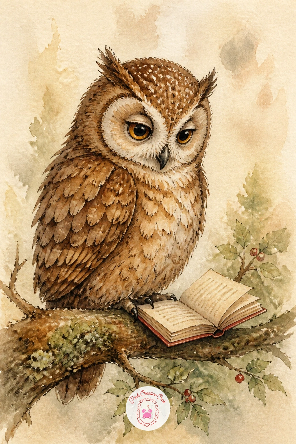 Owl Reading On A Branch — Perch an owl on a branch with a tiny open book, echoing the hedgehog reading by candlelight from earlier but with feathers instead of