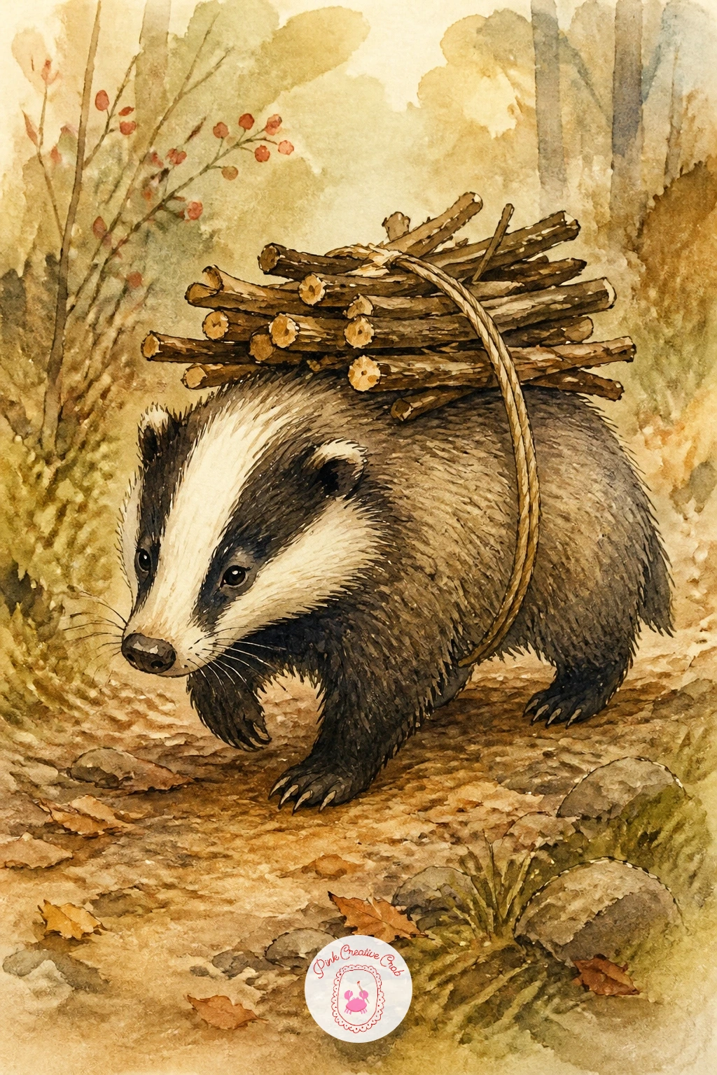 Badger Carrying Firewood — Have this badger trudge along with a small bundle of sticks tied across its back, a cozy little errand scene. Watercolor hedgehog
