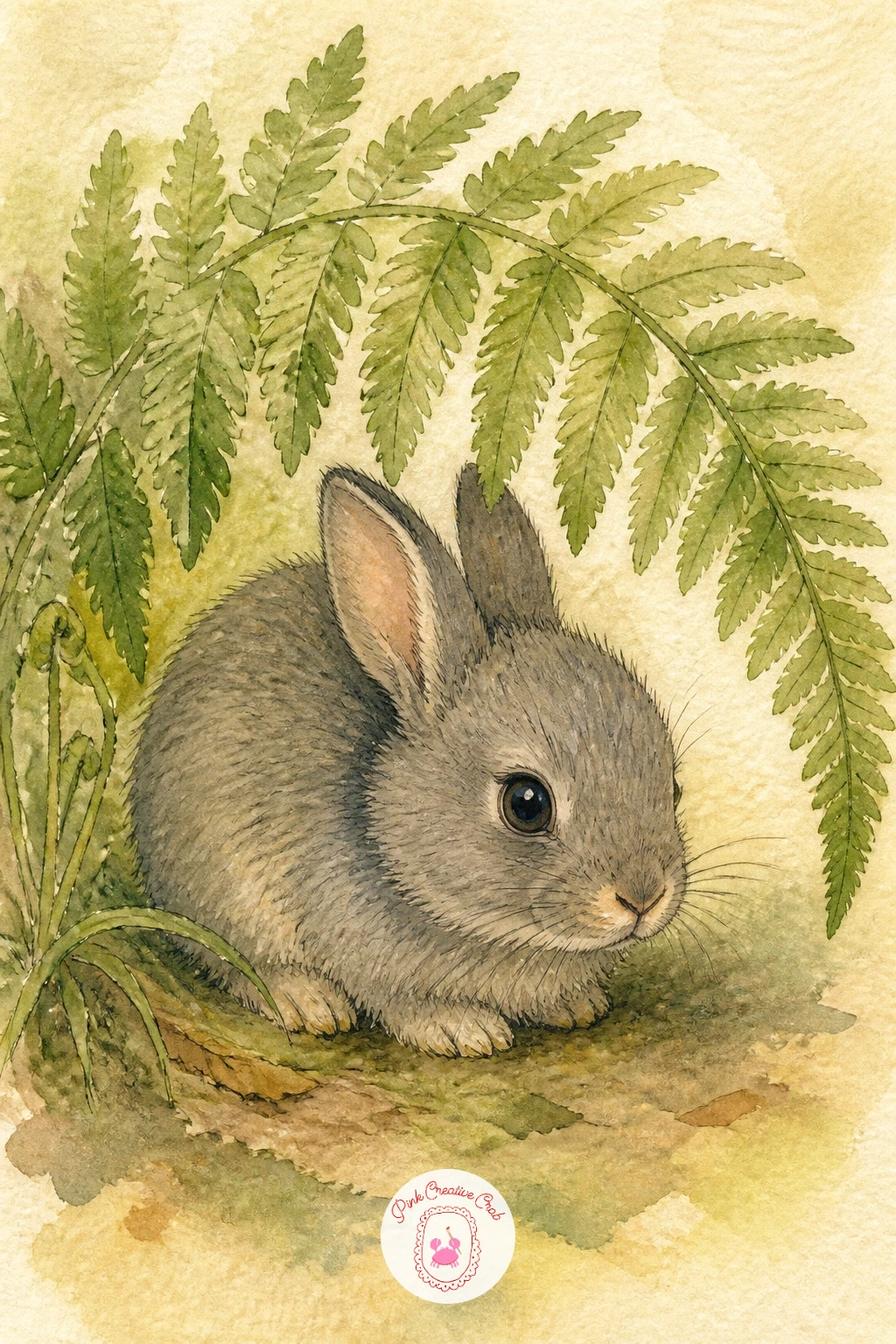 Bunny Under A Fern — Settle a small bunny beneath one large fern frond for shade, a quieter companion piece to the fawn above. Watercolor hedgehog
