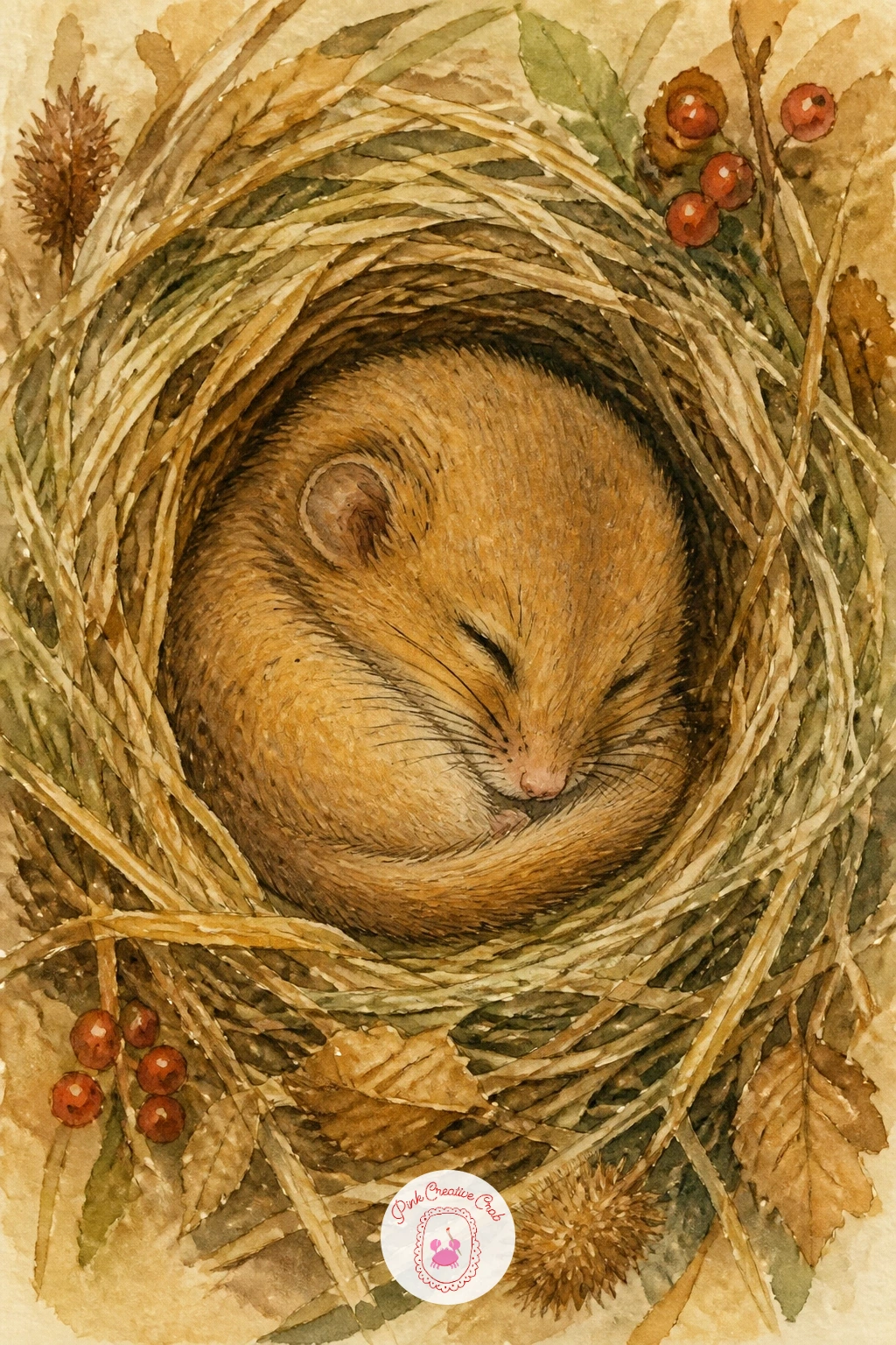 Dormouse Asleep In A Nest — Curl a tiny dormouse fast asleep inside a woven grass nest, a soft round scene with almost no hard edges anywhere. Watercolor