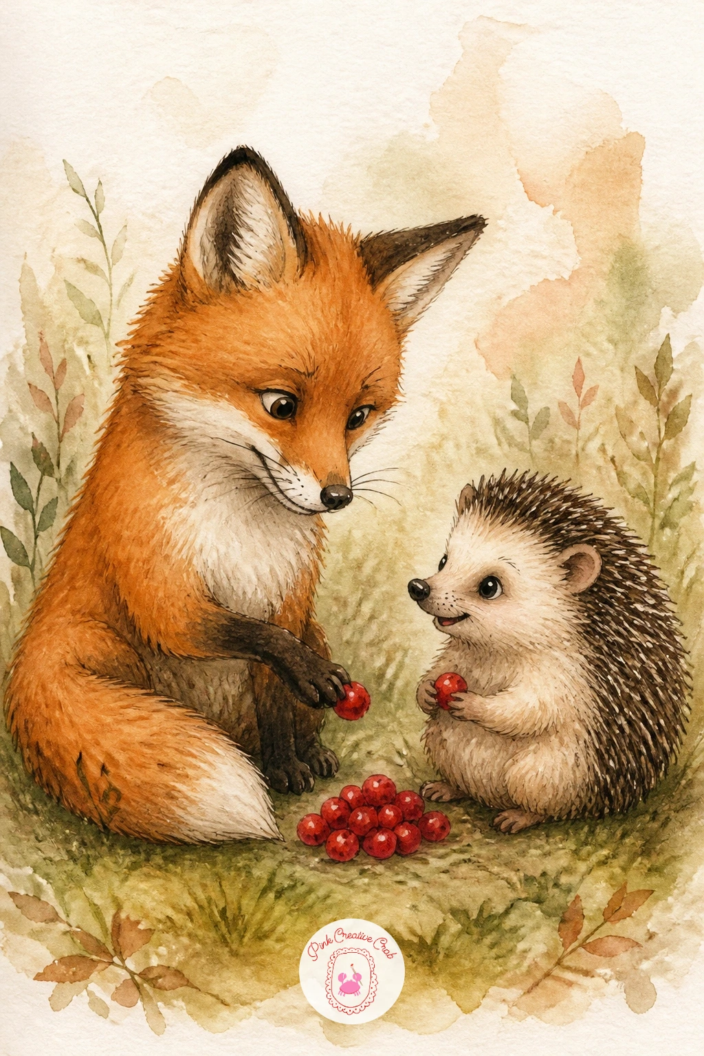 Fox And A Hedgehog Sharing Berries — Bring two of your woodland characters together for this one: a fox and a hedgehog sitting side by side over a small pile