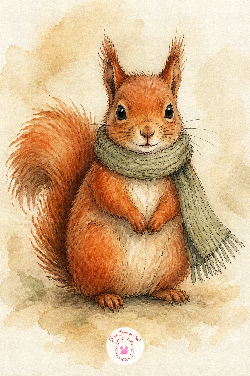 Squirrel With A Scarf — Wrap a squirrel's neck in a small knitted scarf, trailing a little in the breeze for extra charm. Watercolor hedgehog