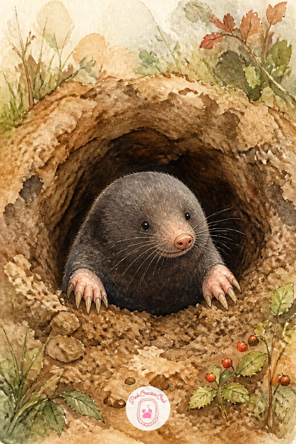 Mole Digging A Cozy Tunnel — Give a small round mole a tunnel entrance to dig out of, a sweet scene built on simple round shapes and warm earthy color.