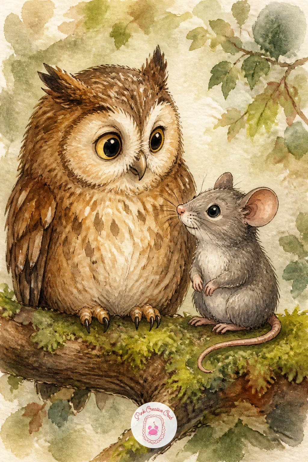 Owl And A Mouse Friends — Pair the earlier reading owl with a small mouse sitting companionably beside it on the same branch, a gentle friendship scene.