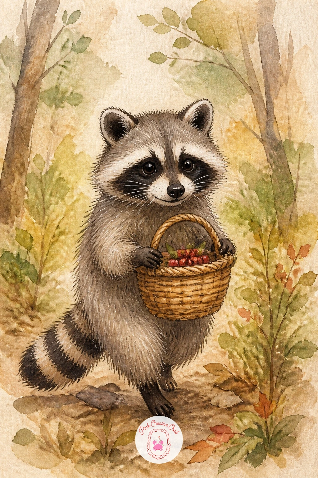 Raccoon With A Basket — Have a raccoon carry a small woven basket in one paw, looking like it is heading home from gathering something in the wood. Watercolor