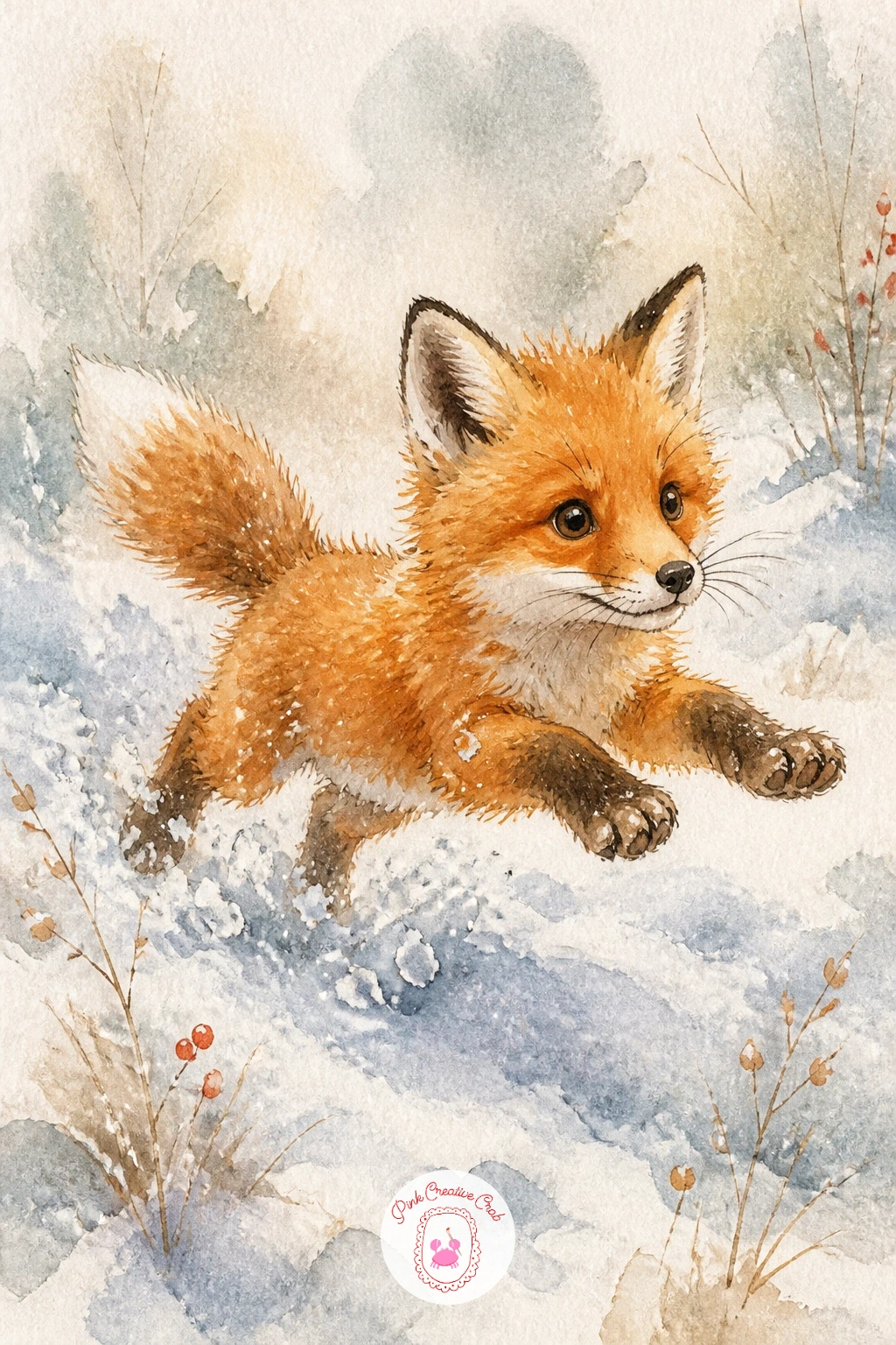 Fox Cub Playing In Snow — Let a small fox cub tumble or leap through a patch of snow, a livelier pose than the curled fox from earlier in this list. Watercolor