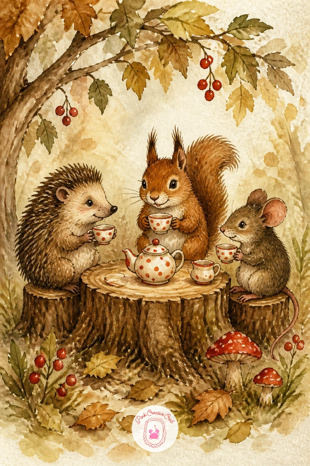 Woodland Tea Party — Bring several of your woodland friends together for a small tea party scene, the most ambitious painting on this list so far. Watercolor