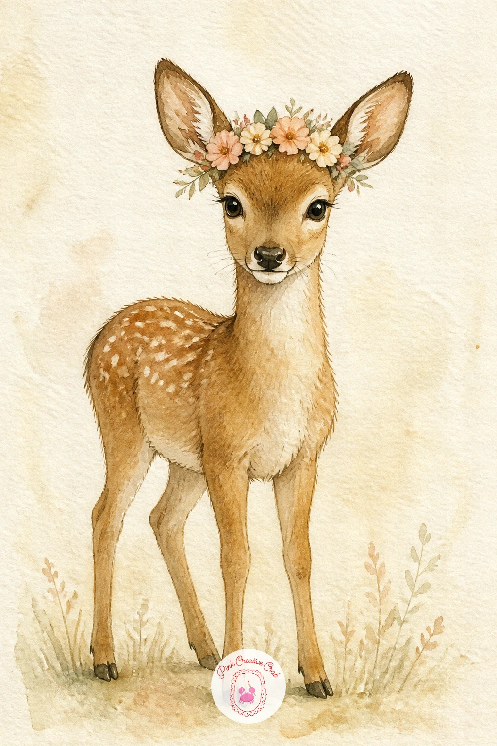 Deer With A Flower Crown — Give a standing deer a small crown of flowers woven around its head, a gentle bridge between the earlier fawn scene and a softer