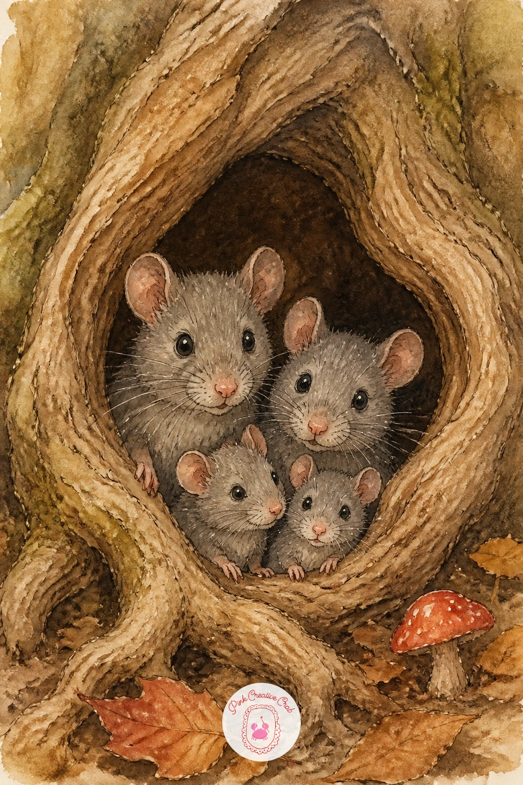 Family Of Mice In A Tree Root — Tuck a small family of mice into a hollow formed between tree roots, continuing the cozy walnut-shell mood from earlier but