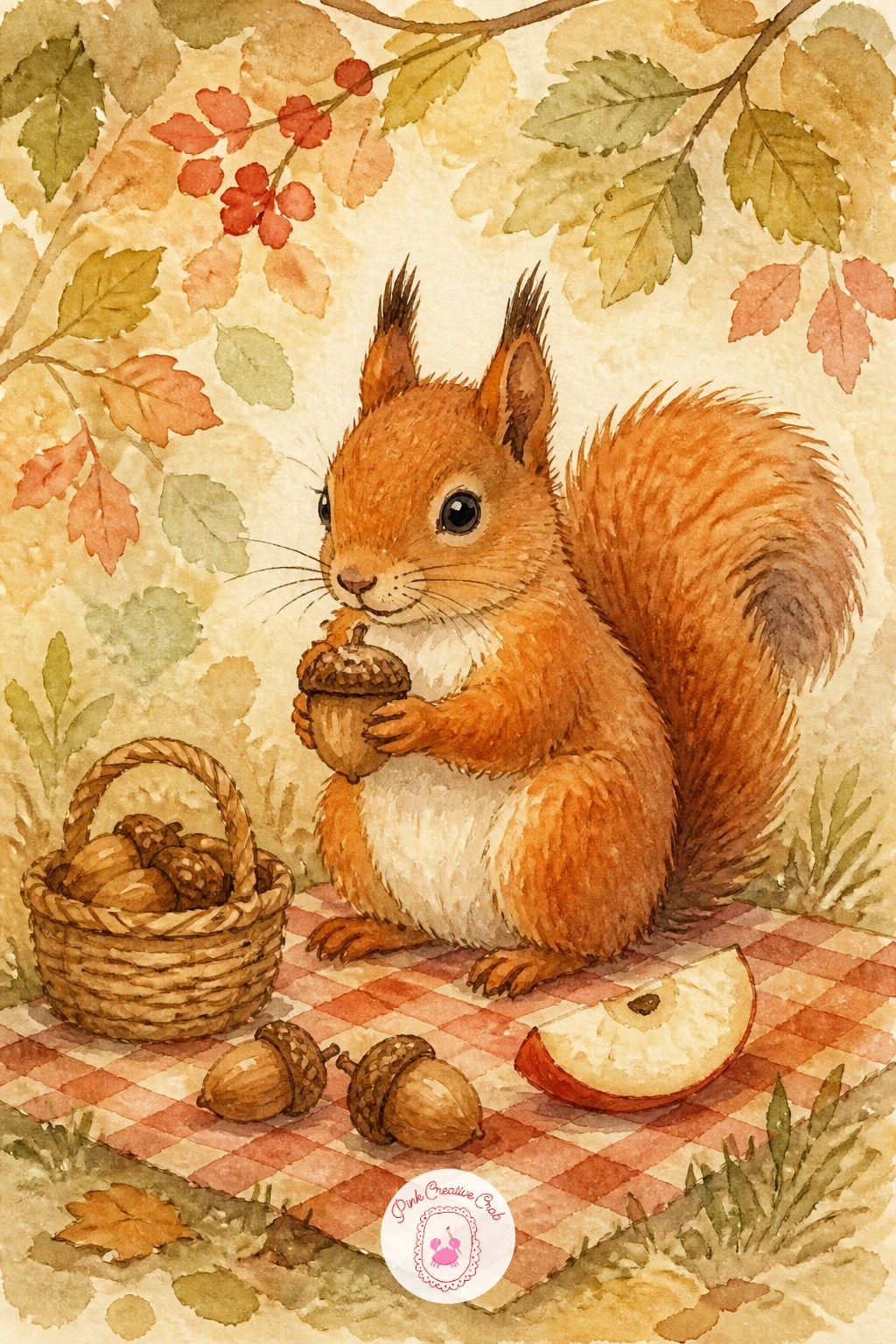 Squirrel Picnic — Lay out a tiny picnic for a squirrel, a small blanket with an acorn or two and perhaps a slice of fruit set out on it. Watercolor hedgehog