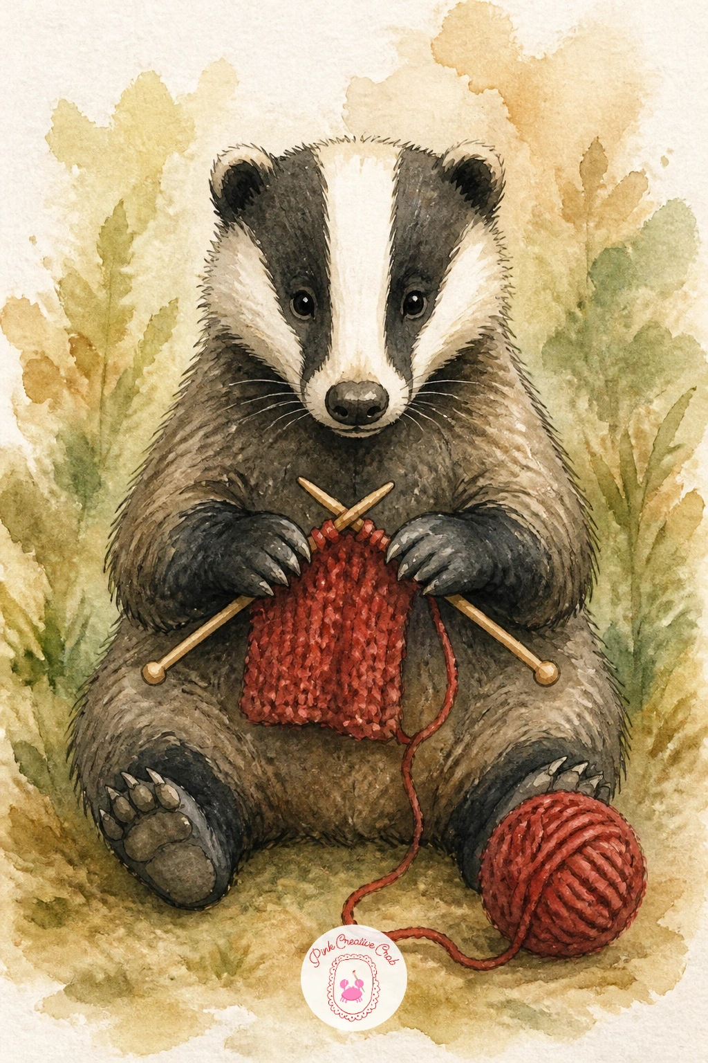 Badger Knitting — Settle the earlier firewood-carrying badger down for a quieter moment, this time sitting with a small ball of yarn and knitting needles in