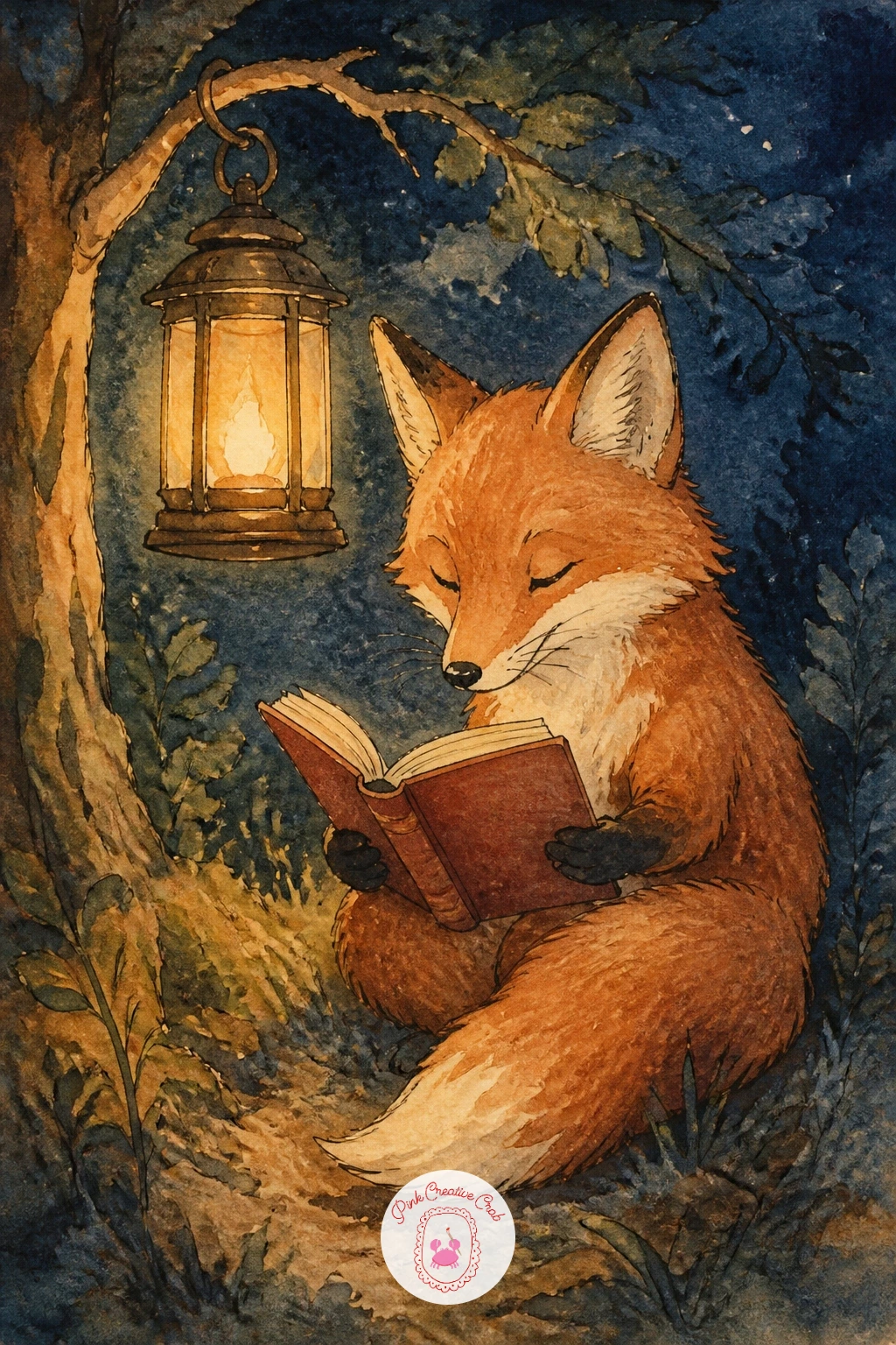 Fox Reading Under A Lantern — Bring the quiet reading mood back one more time, now with a fox settled beneath a hanging lantern instead of the earlier hedgehog