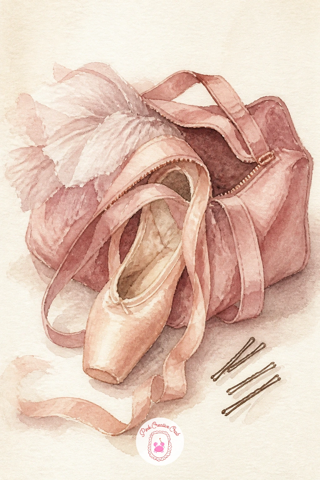 Dancer's Bag with Shoes and a Bun Pin — Settle into something quieter with a dancer's bag with shoes and a bun pin, a still life moment that lets you slow your