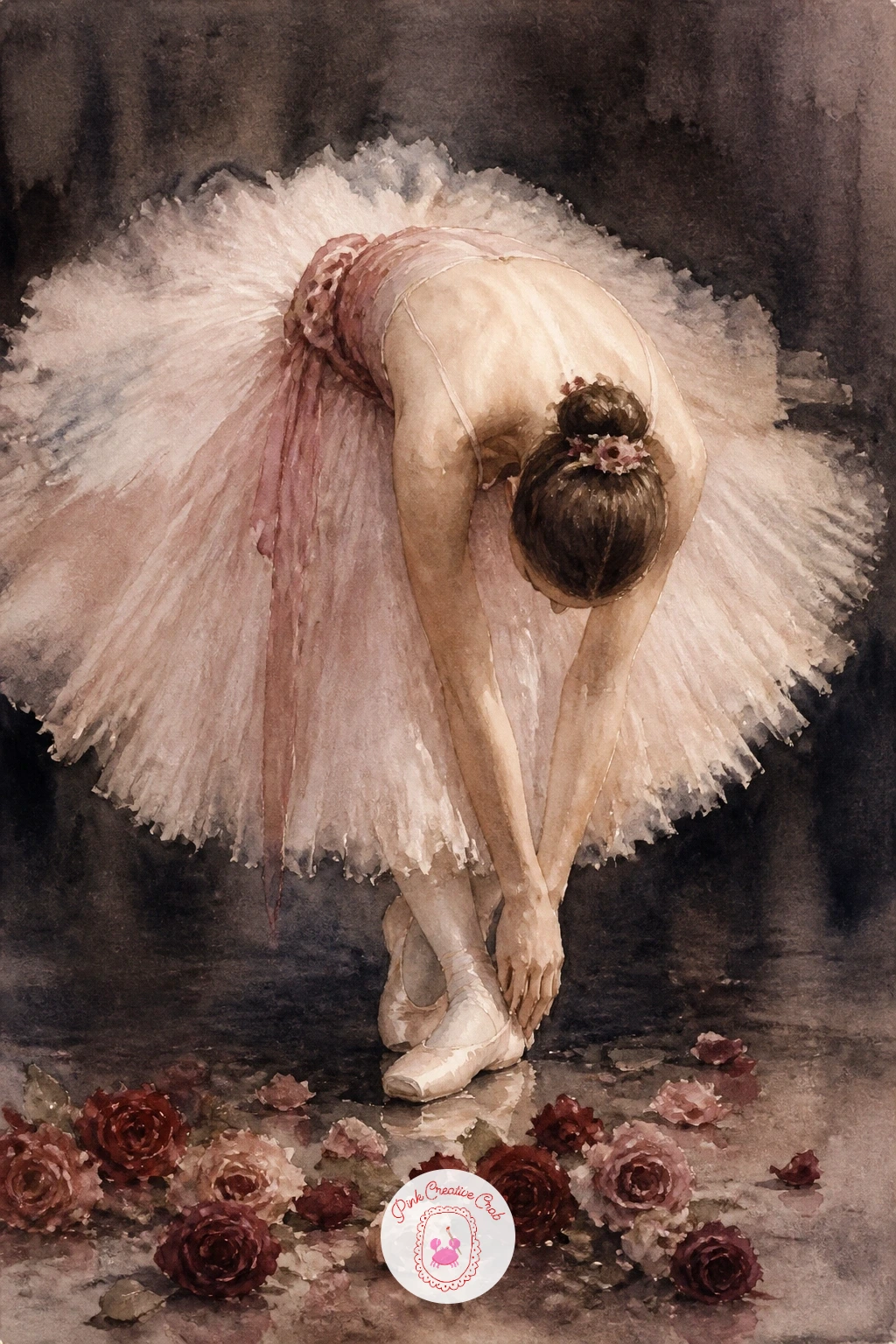 Bowing with Roses at Her Feet — Carry the stage energy forward into a ballerina bowing with roses at her feet, a scene built around one deep bend of the body
