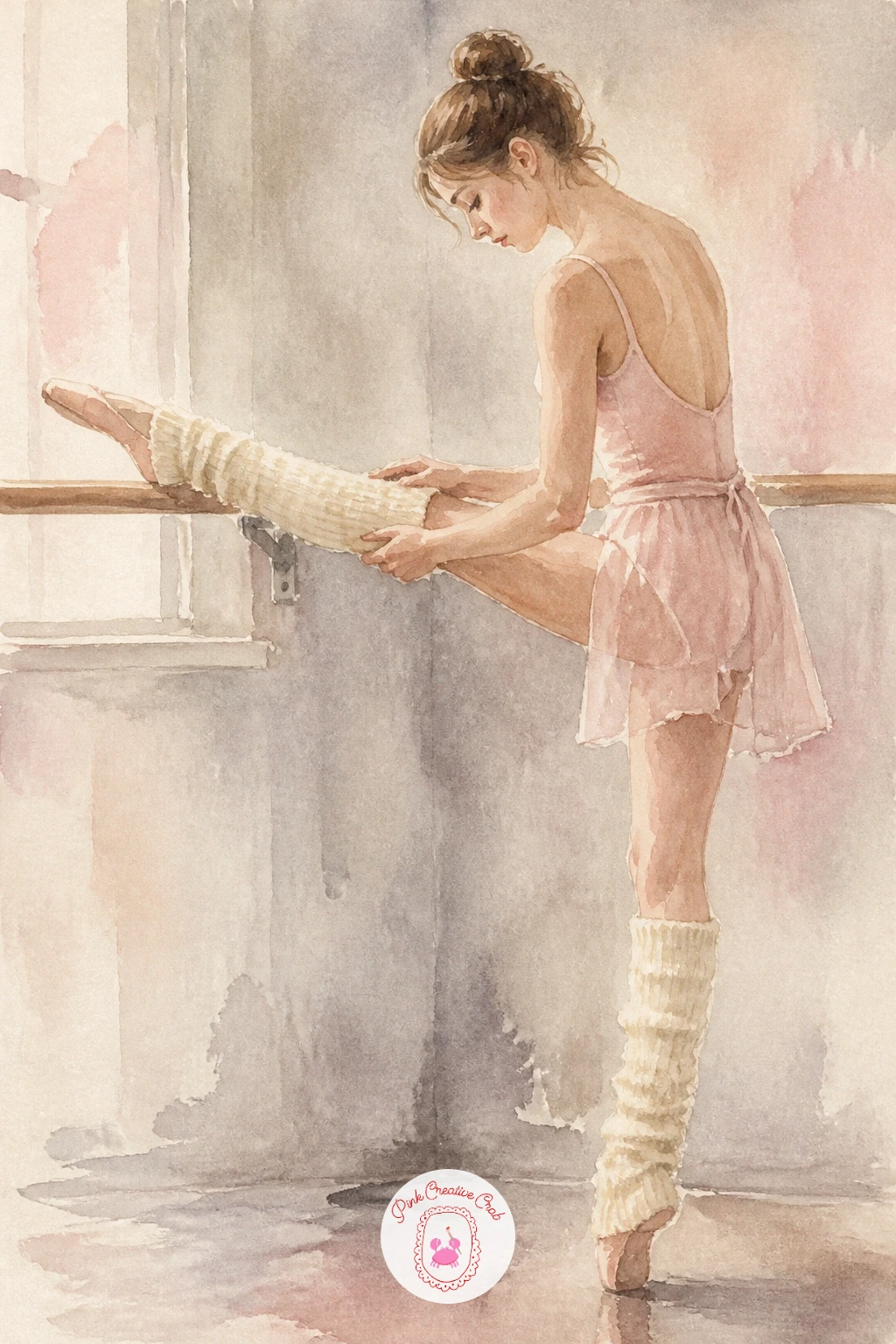 Warming Up in Leg Warmers — Keep the practice room mood going with a dancer warming up in leg warmers, a cosy cousin to the earlier stretching scene but built