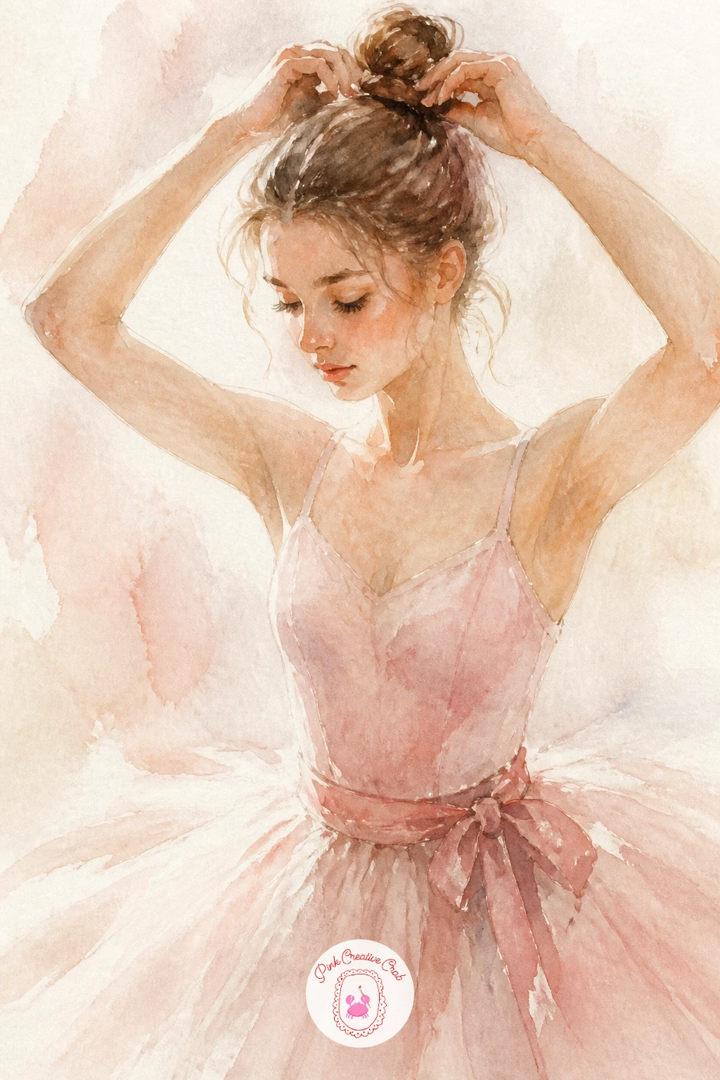Doing Her Bun — Return to a close, personal moment with a ballerina doing her bun, a gesture painting built on one simple raised arm shape. Ballet watercolor