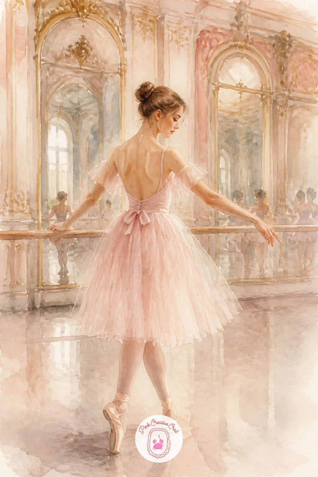 Ballet Class at a Paris Opera — Raise the grandeur with a ballet class at a Paris opera, picturing tall gilded mirrors and ornate ceiling details behind a