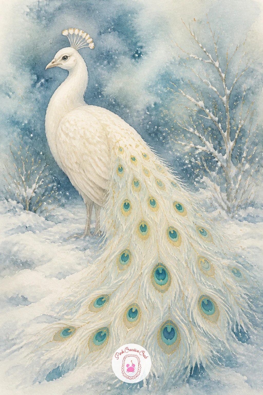 White Peacock in Snow — Switch the palette entirely for a white peacock in snow, where the drama comes from ivory shapes against a cool blue-grey ground
