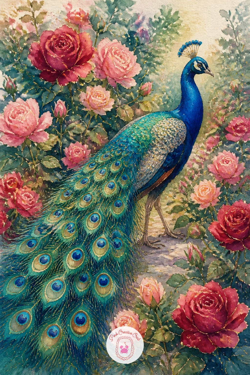 Peacock Walking Through a Rose Garden — Bring the bird back into full color with a peacock walking through a rose garden, where roses in blush and crimson give