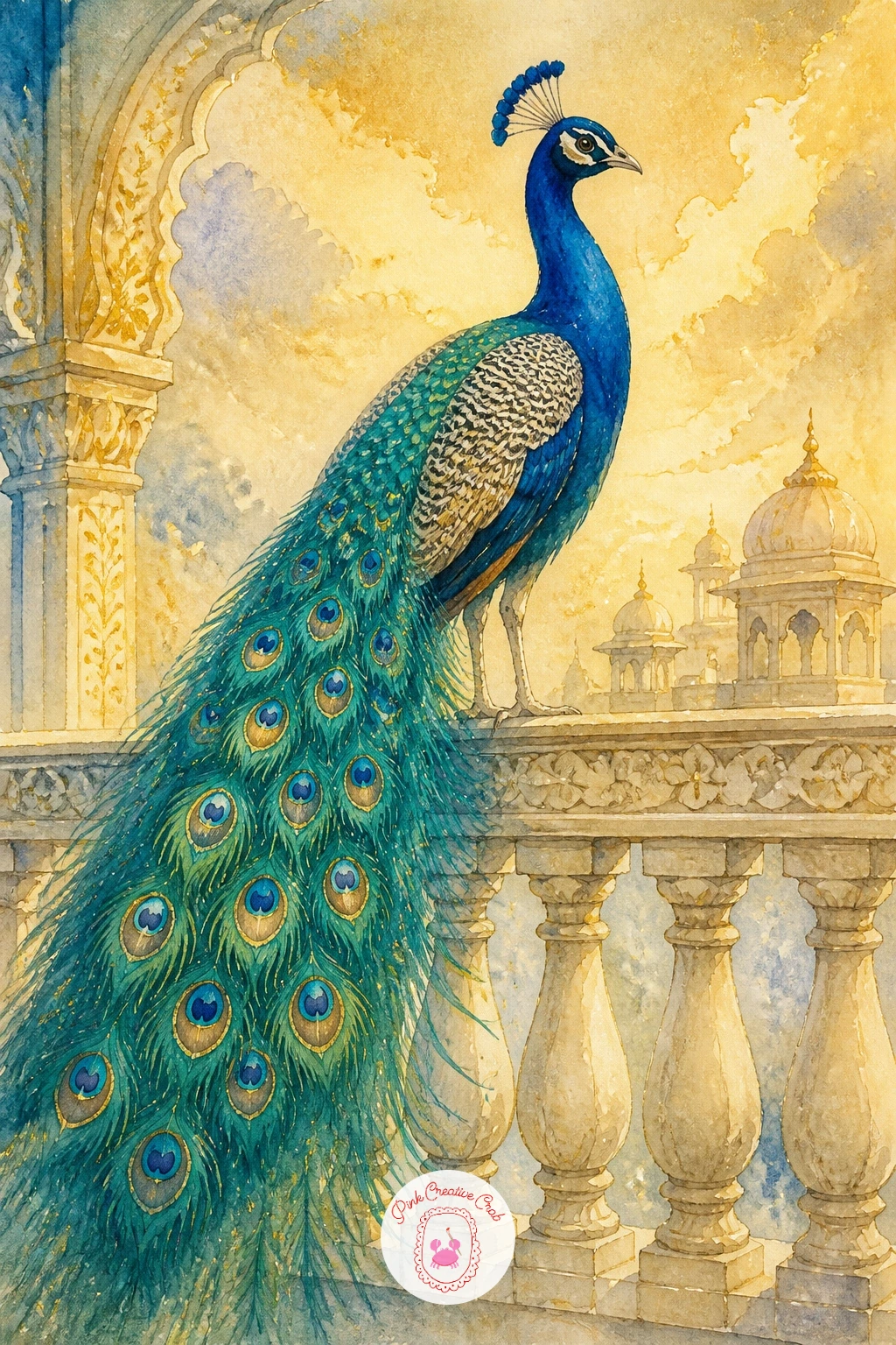 Peacock on a Palace Balustrade — Give the scene some architecture with a peacock on a palace balustrade, perched along one of those carved stone rails you see