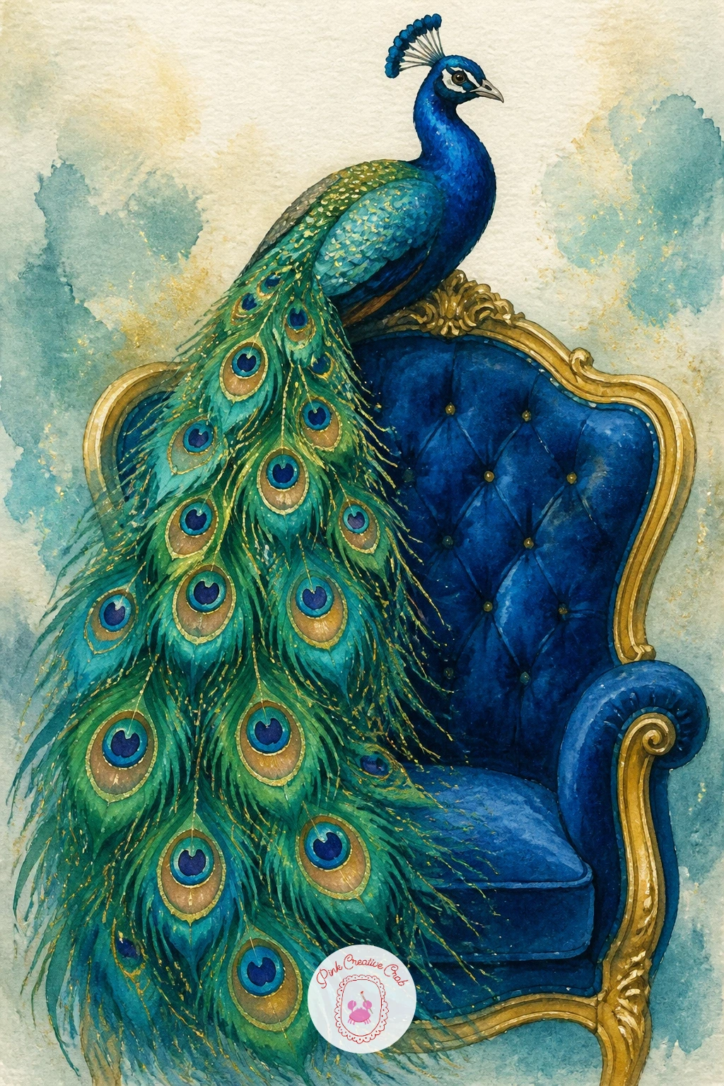 Peacock on a Velvet Chair — Move indoors for a peacock on a velvet chair, perched on the curved back of an upholstered armchair in a grand sitting room.