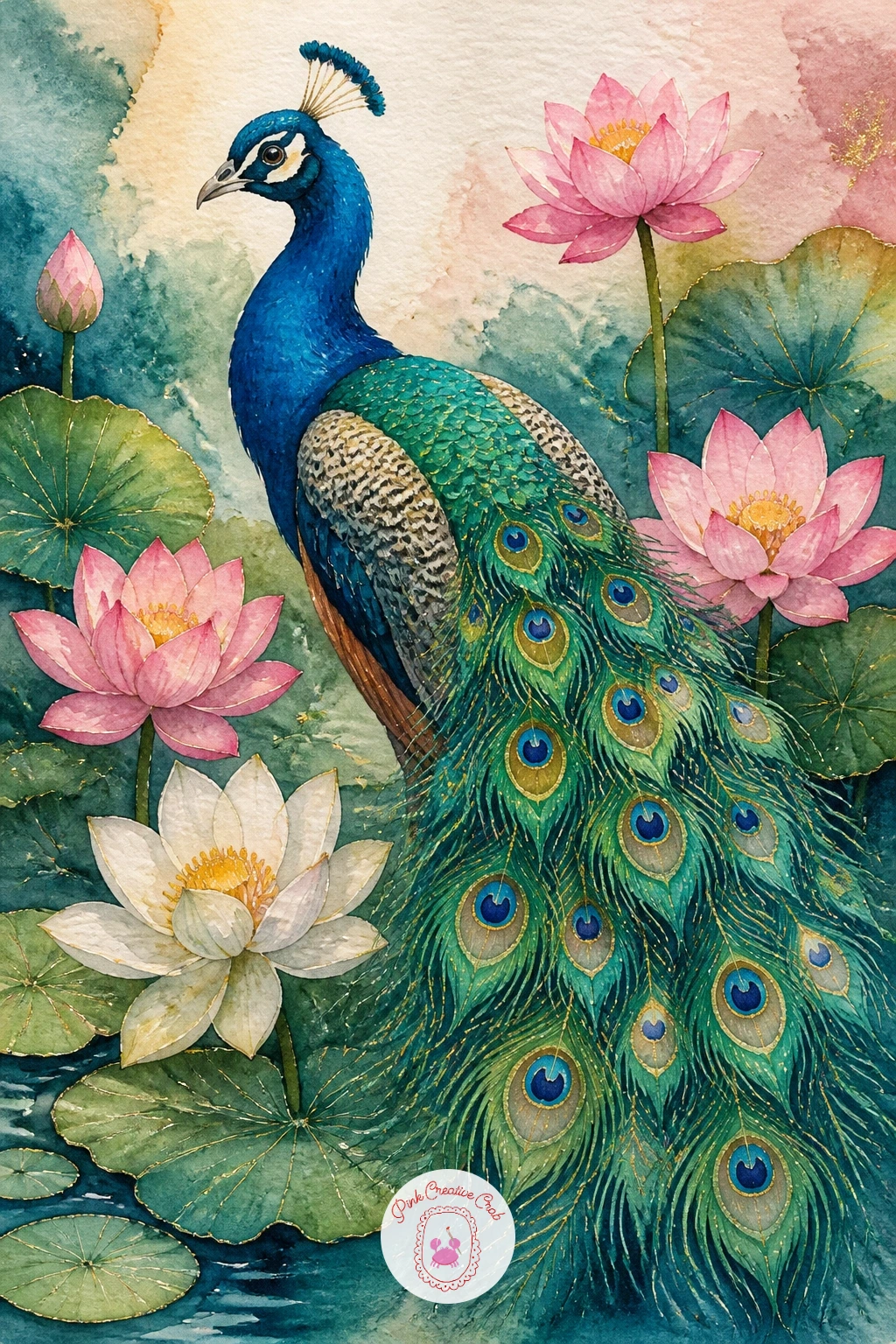Peacock Among Lotus Flowers — Let the setting turn tranquil with a peacock among lotus flowers, standing at the edge of a quiet pool thick with pink and white
