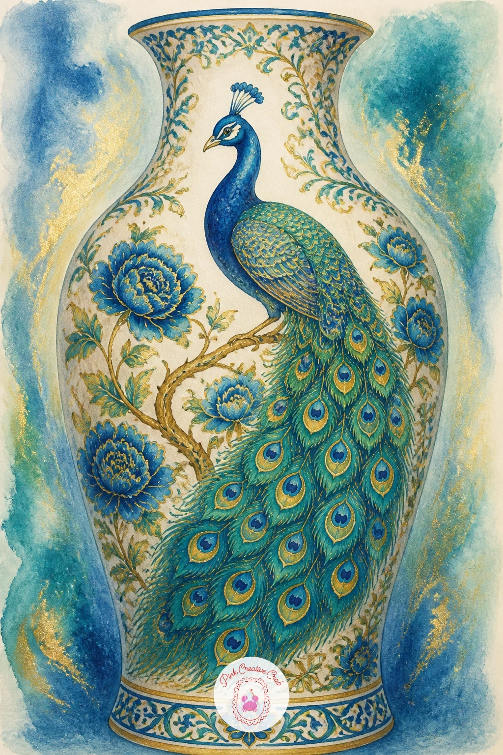 Peacock on a Chinoiserie Vase — Turn the subject decorative with a peacock on a chinoiserie vase, painted as though it were the hand-painted design curling