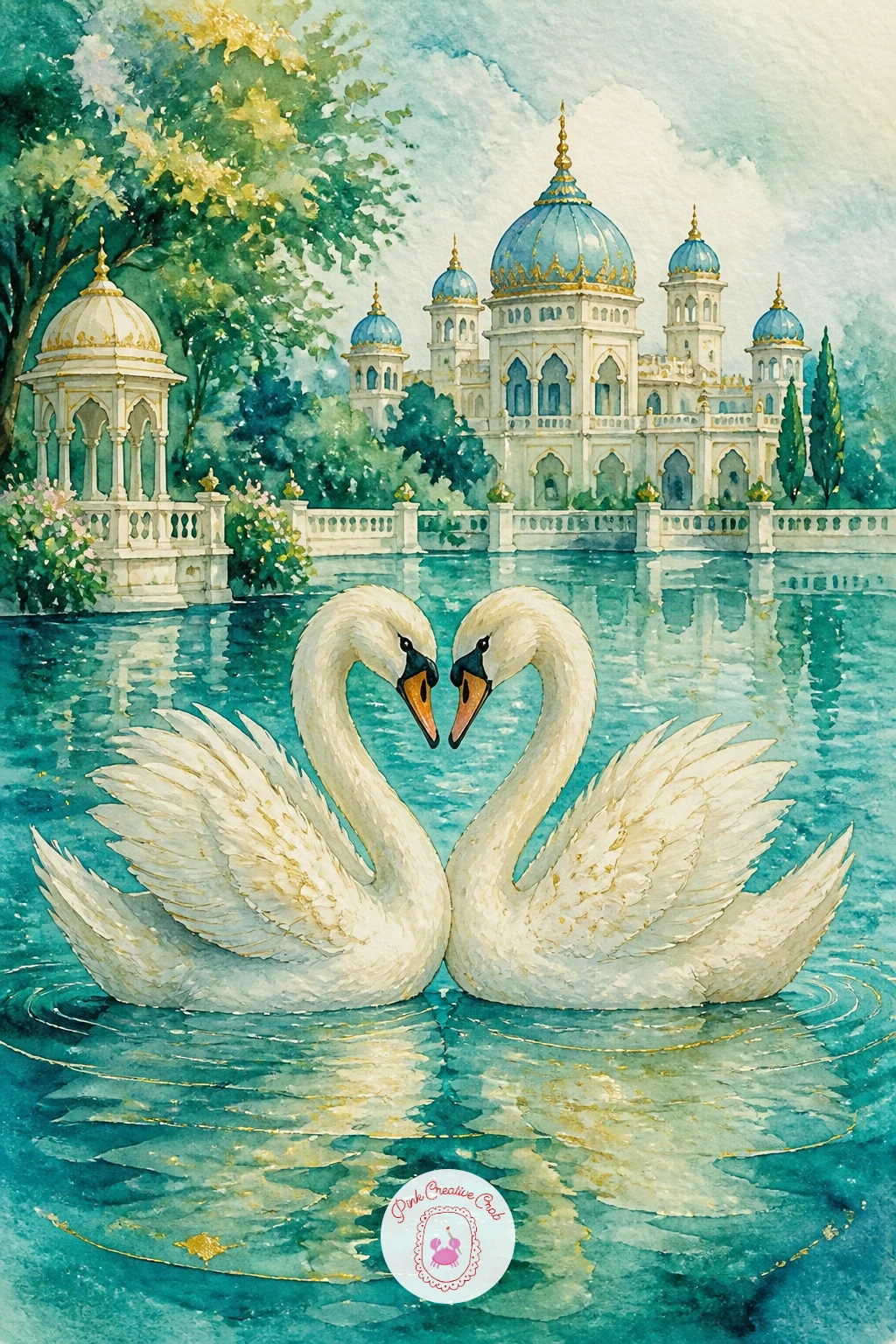 Pair of Swans on a Palace Lake — Leave the peacocks for now and glide onto the water with a pair of swans on a palace lake, their necks curved into mirrored S