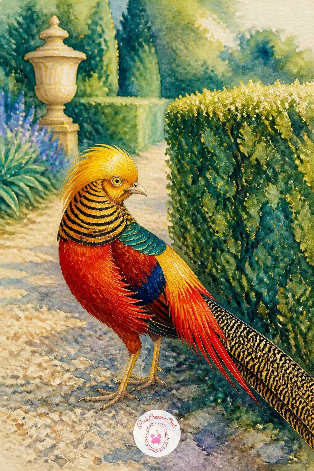Golden Pheasant in a Formal Garden — Bring in warmer color with a golden pheasant in a formal garden, a small bird but one of the boldest in pattern, with a