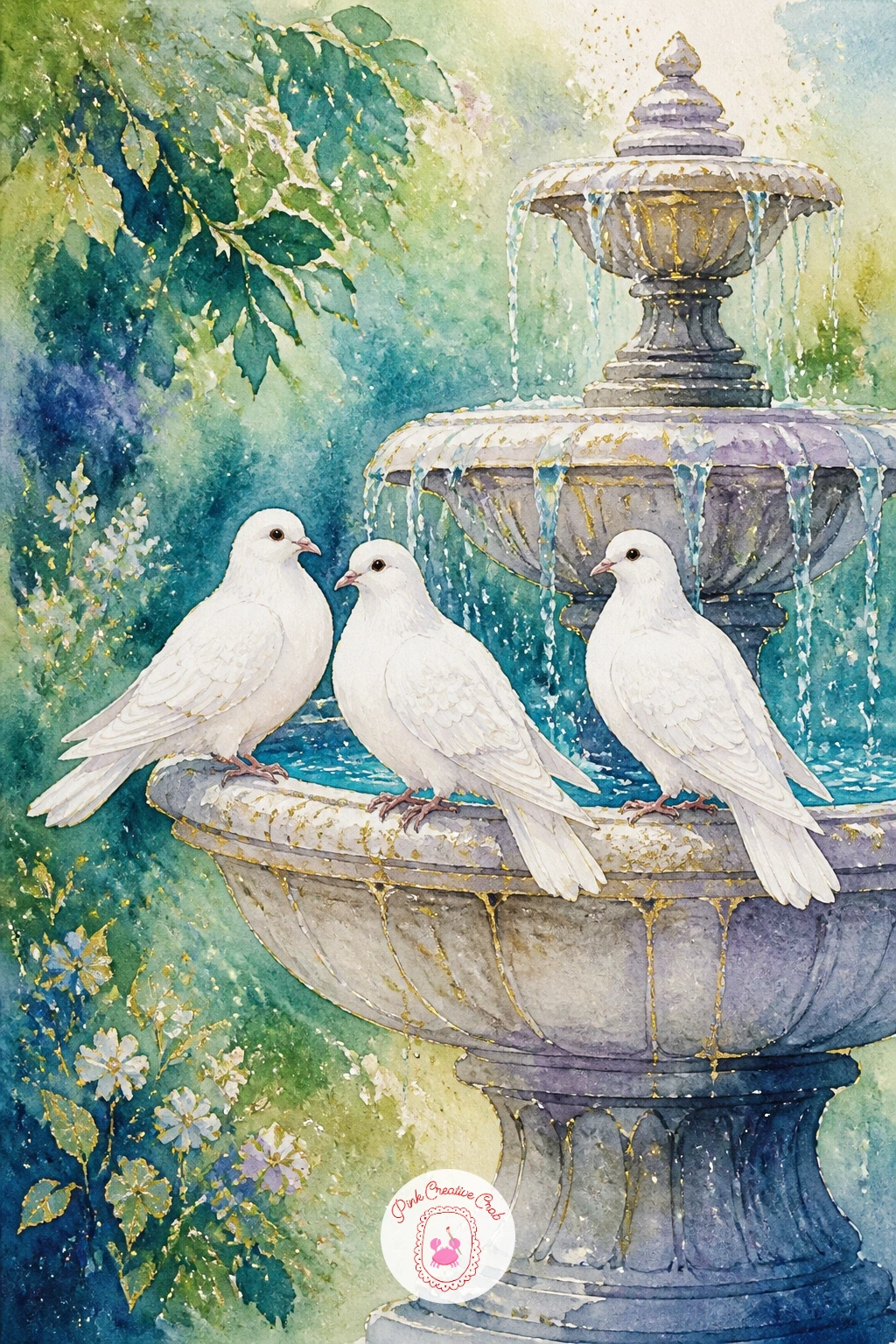 White Doves on a Fountain — White doves on a fountain gives you a chance to practice painting white birds against stone and water together in one small scene.