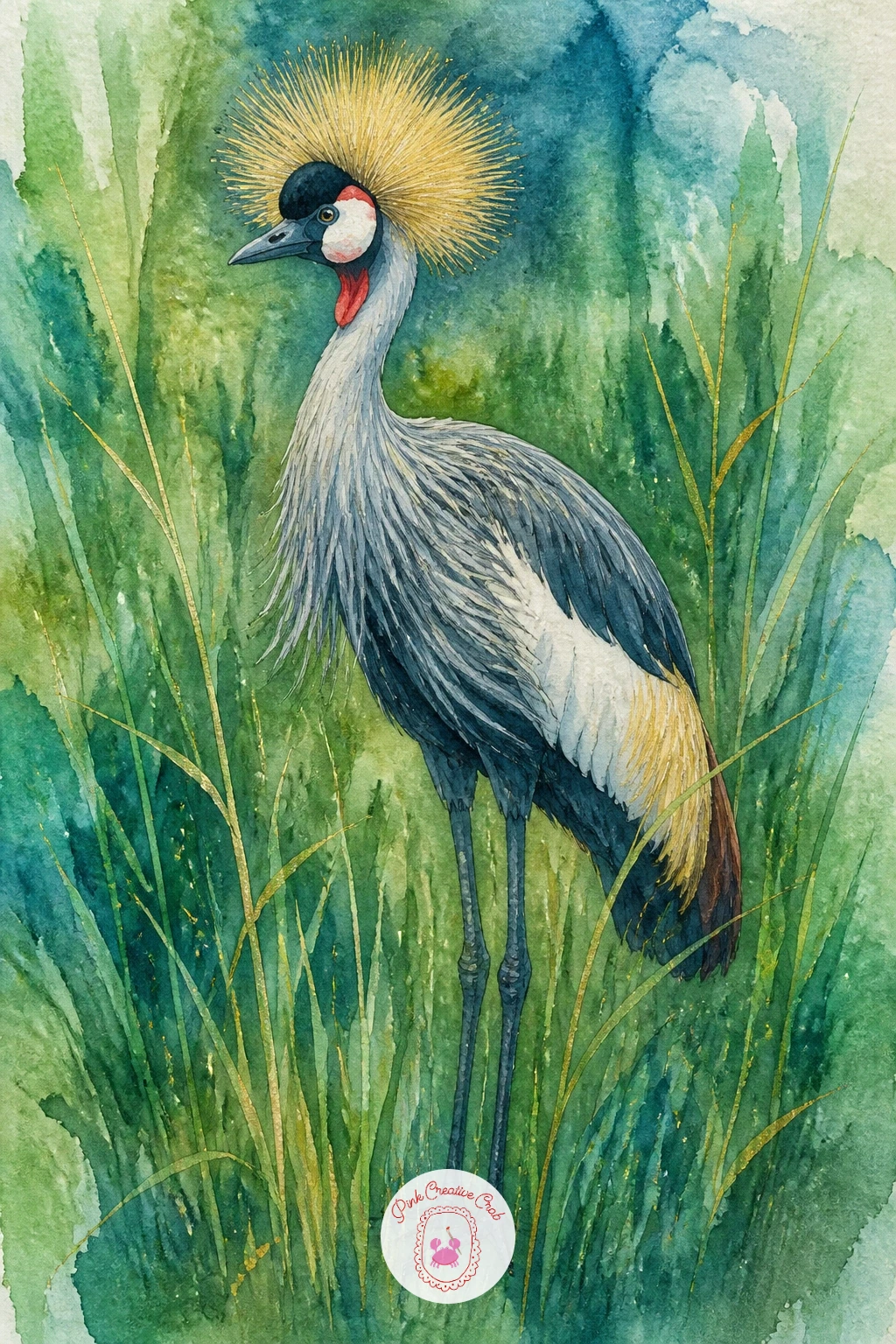 Crowned Crane in Tall Grass — Height and pattern take center stage with a crowned crane in tall grass, instantly recognizable by its halo of golden spiky
