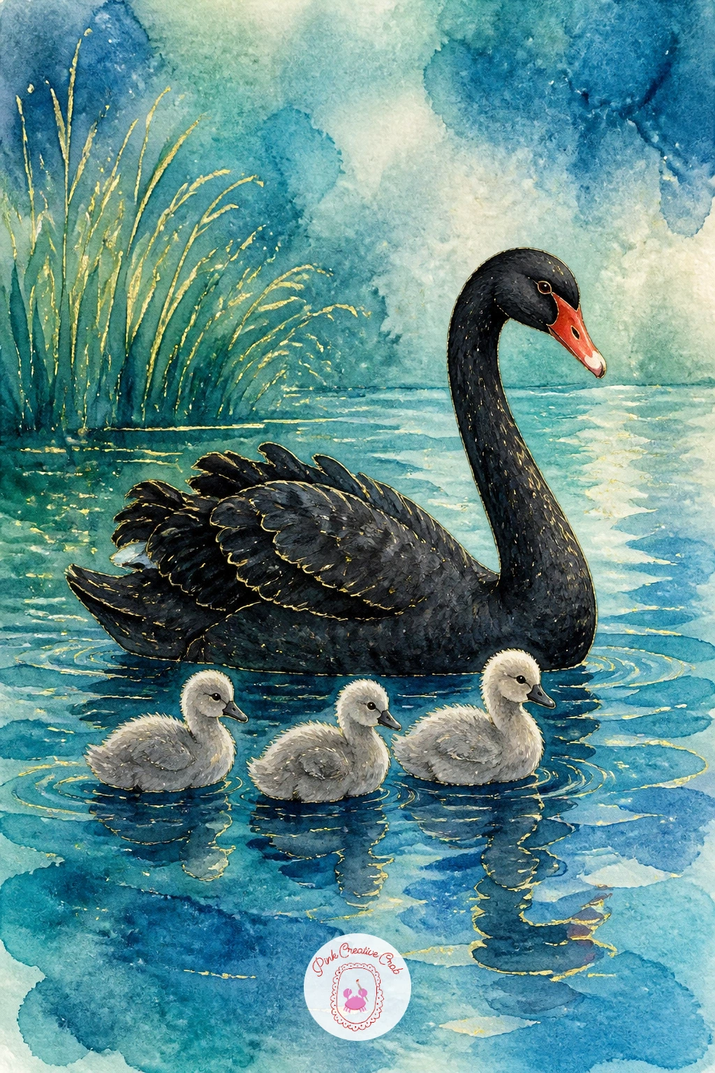Black Swan With Cygnets — Switch the swan palette entirely for a black swan with cygnets, a striking dark bird leading a few soft grey babies across the water.