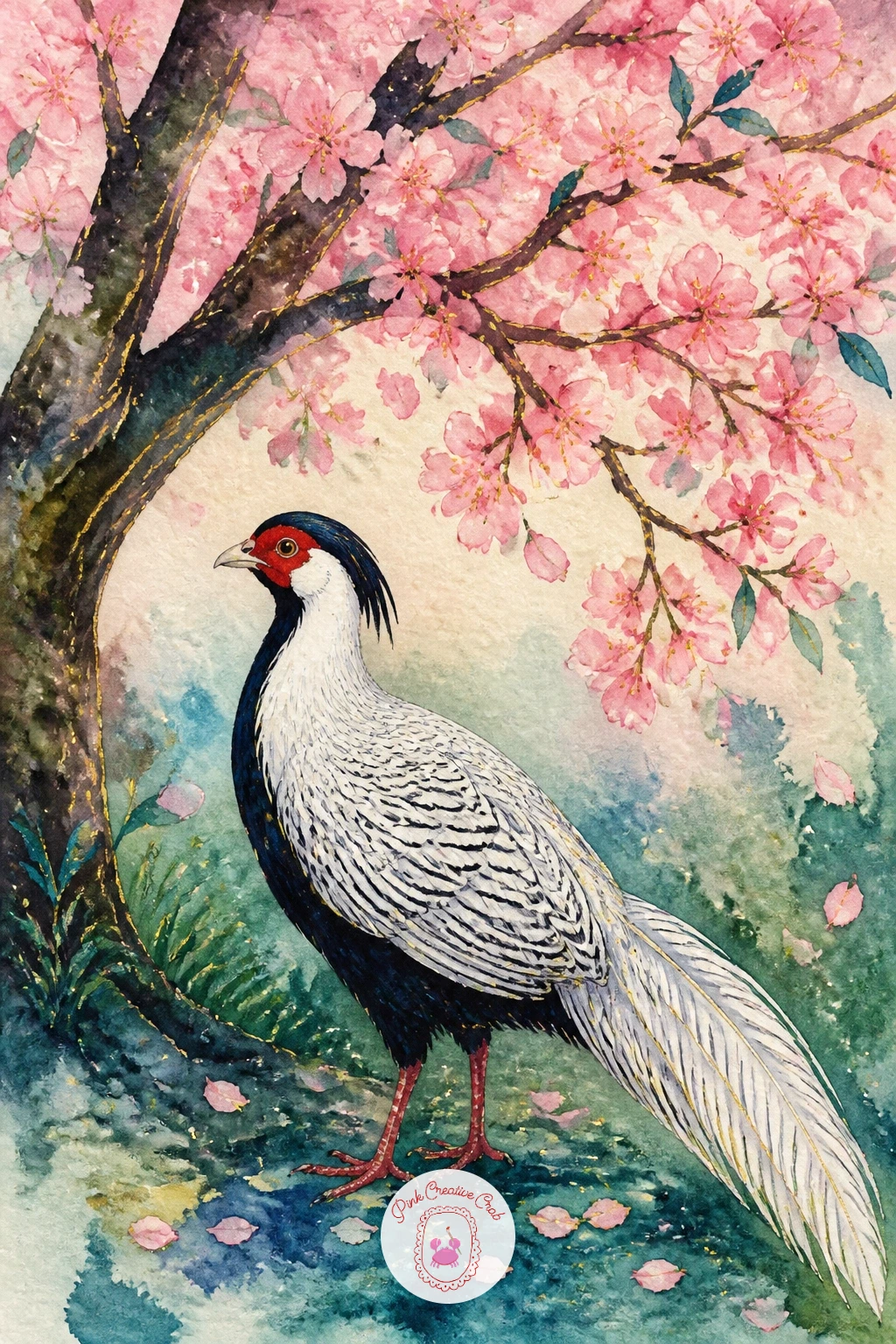 Silver Pheasant Under a Cherry Tree — Pair soft pink and sharp black and white with a silver pheasant under a cherry tree, a striking contrast bird beneath a