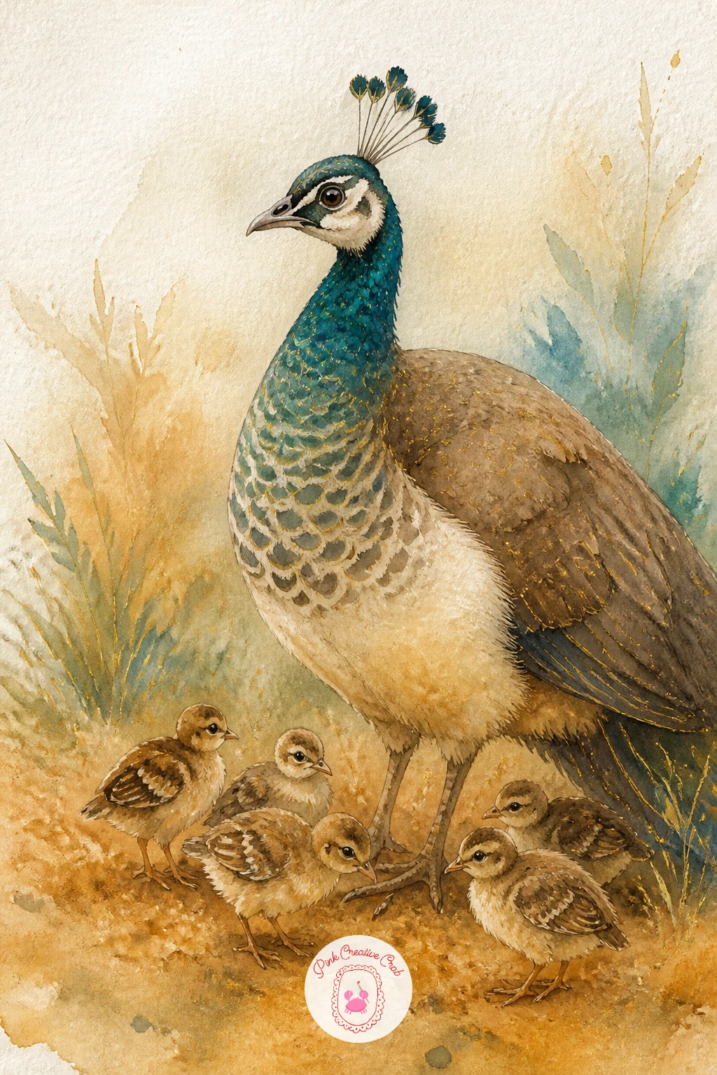 Peahen and Her Chicks — Return briefly to the peacock family with a peahen and her chicks, a gentler, more muted scene than any of the showy male displays.