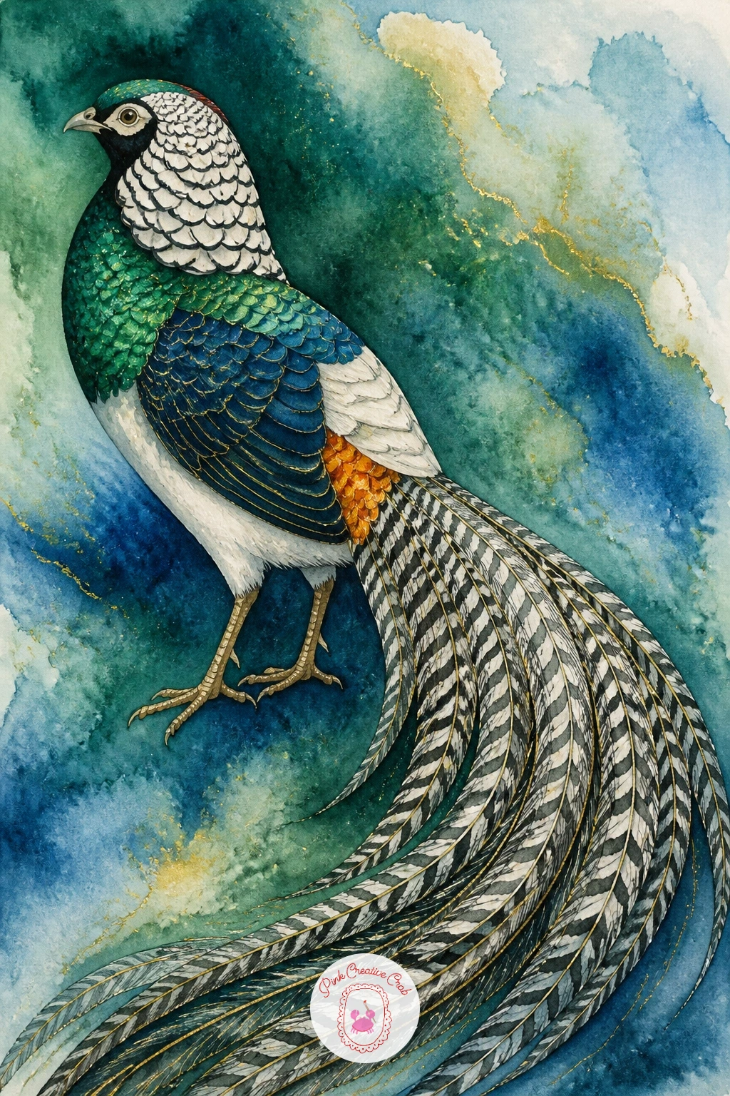 Lady Amherst Pheasant — Few garden birds carry as much pattern as a lady Amherst pheasant, with its black and white scalloped collar and a tail striped in