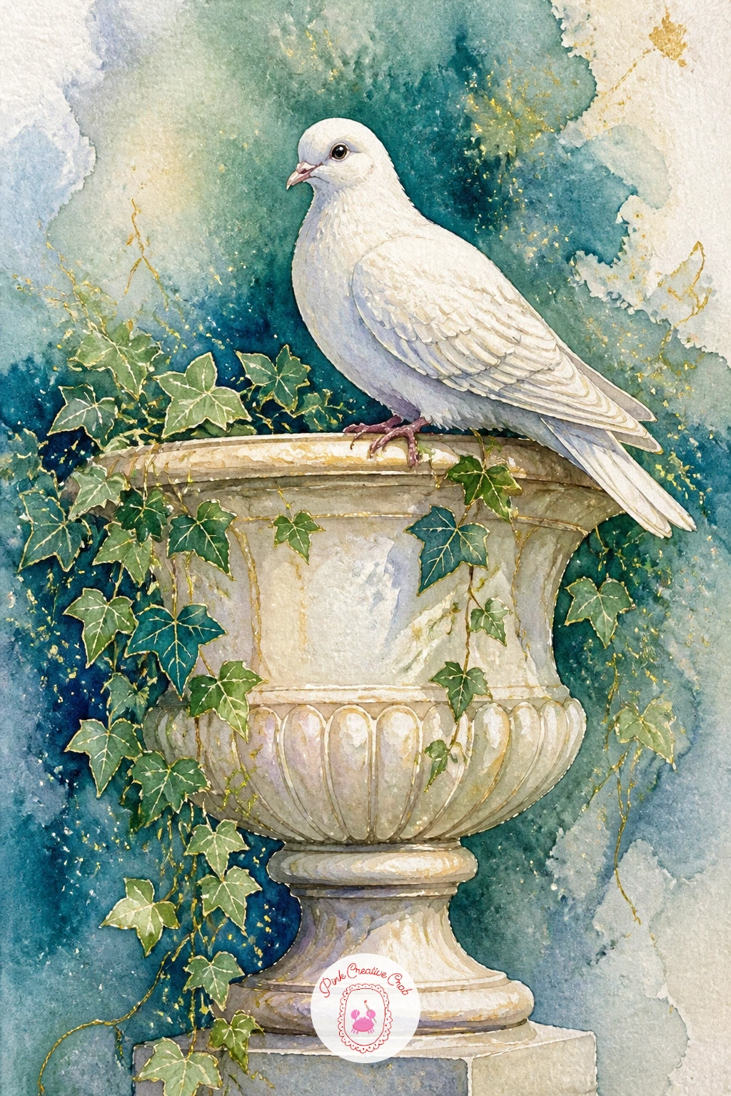 White Dove on a Garden Urn — Keep things quiet and sculptural with a white dove on a garden urn, perched on the rim of a classical stone planter overflowing