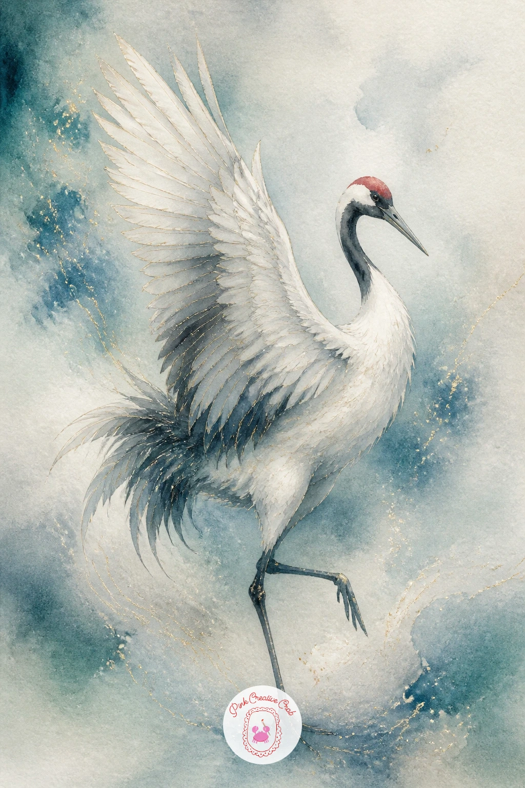 Crane Dancing in Mist — Soften the whole page with a crane dancing in mist, wings half lifted mid-movement and the background barely there at all. Peacock