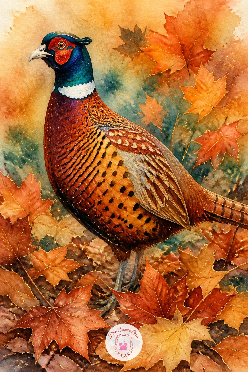 Pheasant in Autumn Leaves — Warm the palette again with a pheasant in autumn leaves, a classic ring-necked bird standing among a scatter of fallen color.