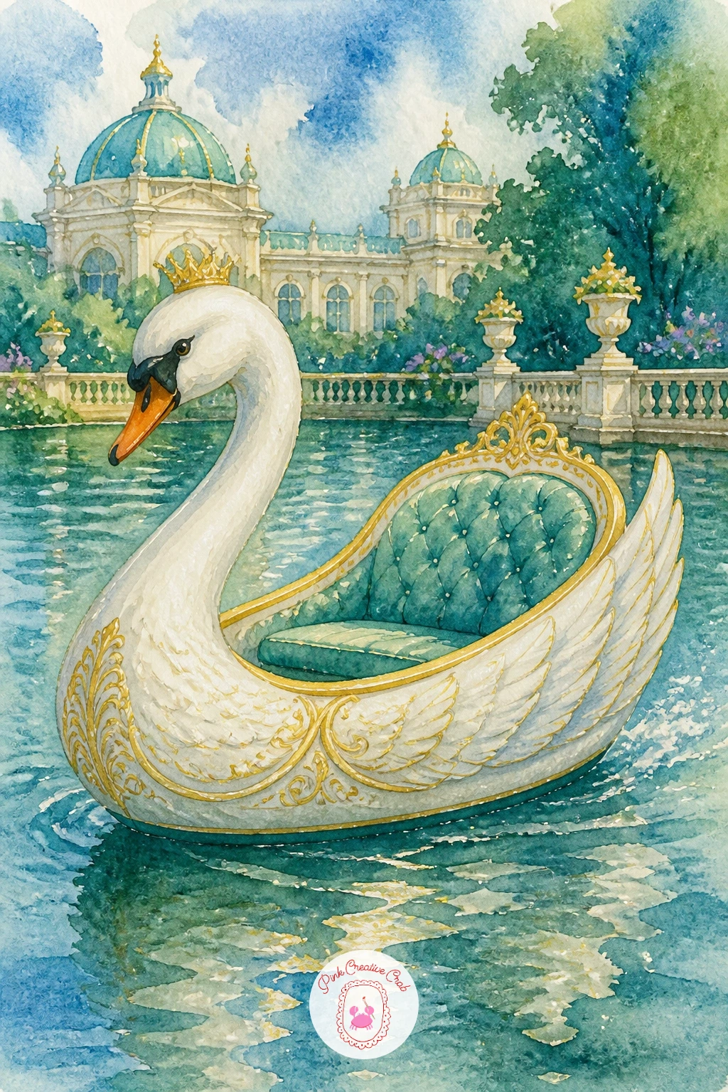 Swan Boat on a Palace Pond — Add a touch of whimsy with a swan boat on a palace pond, one of those ornate carved boats shaped like a giant swan that once
