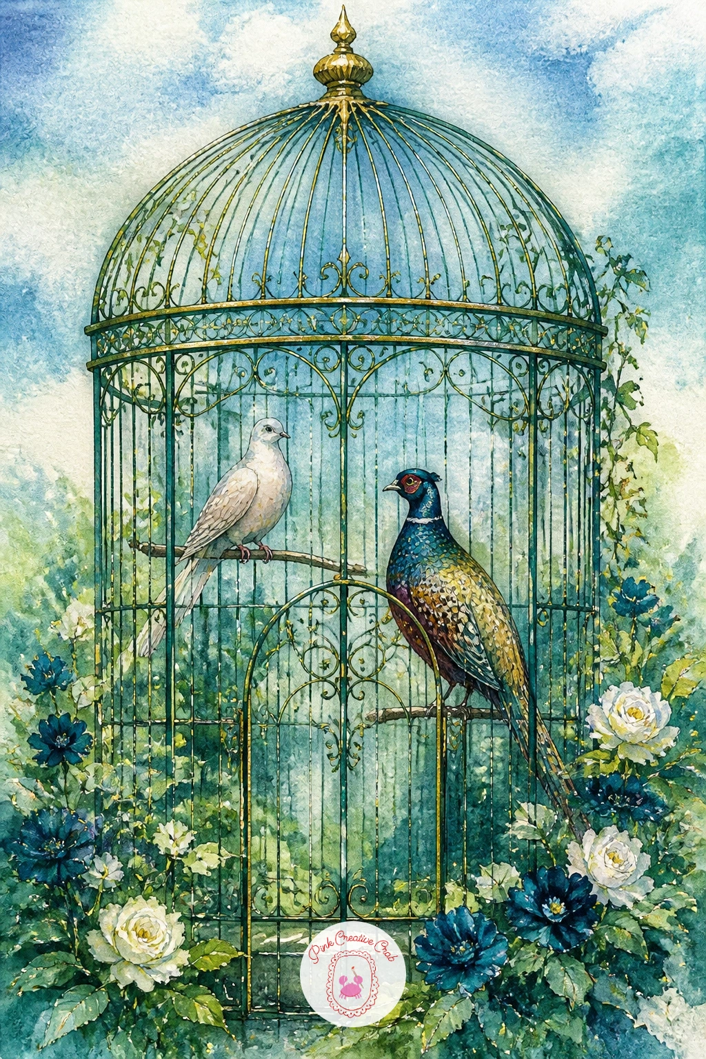 Garden Aviary With Birds — Gather several of your favorite garden birds into one piece with a garden aviary with birds, a tall domed cage structure set in a