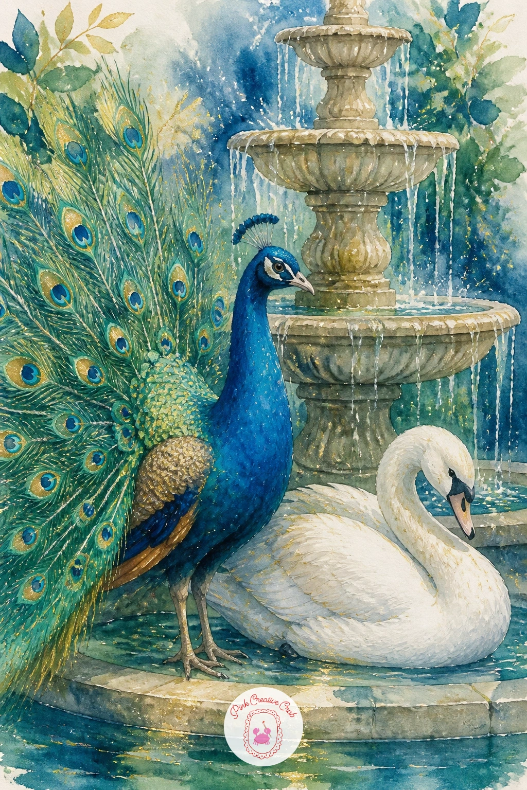 Peacock and a Swan by One Fountain — Bring two of this list's grandest birds together with a peacock and a swan by one fountain, a composition that lets jewel