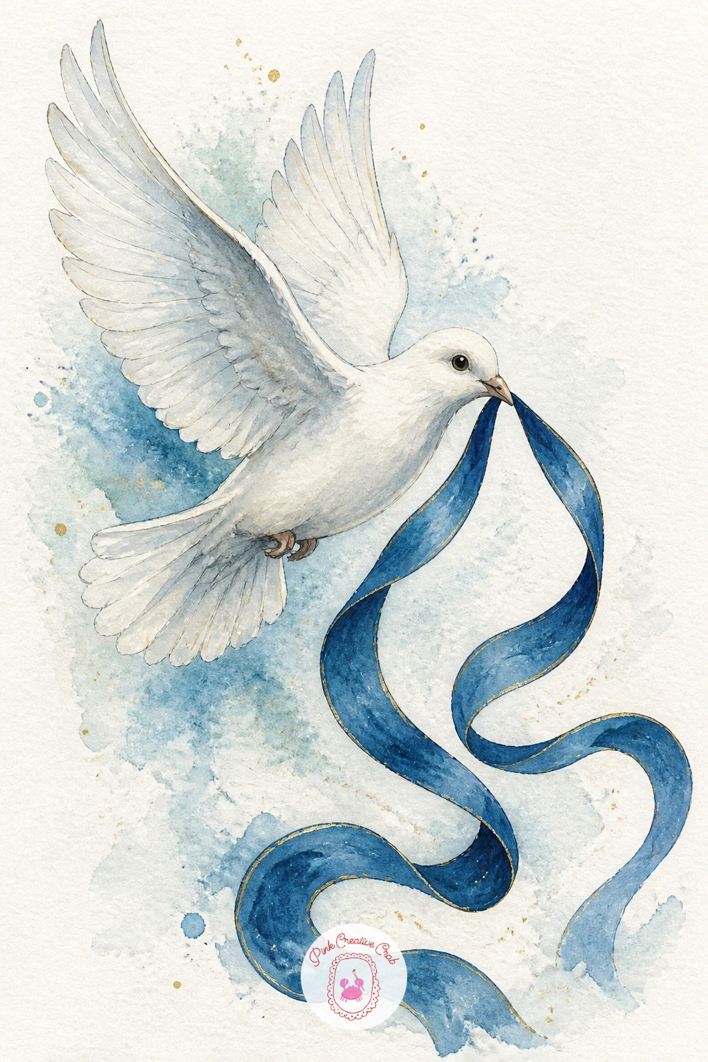 Dove Carrying a Ribbon — Add a storybook touch with a dove carrying a ribbon, wings spread mid-flight with a long trailing ribbon held in its beak. Peacock
